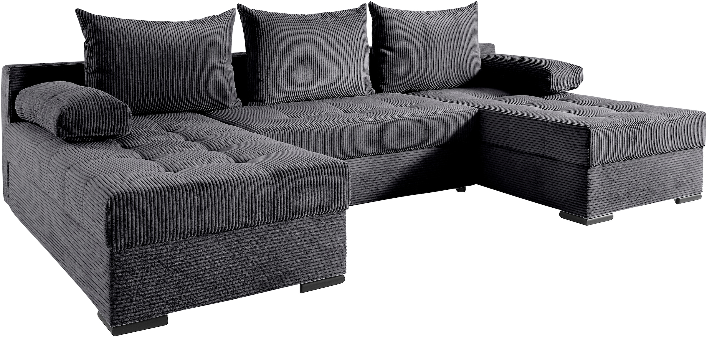 COLLECTION AB Wohnlandschaft »Josy U-Form, Breite 269 cm, Flachgewebe, Struktur, Cord & Cord/Mix«, (Cord-/Mix), inkl. Bettfunktion, Bettkasten, mit 3 gleich großen Rückenkissen