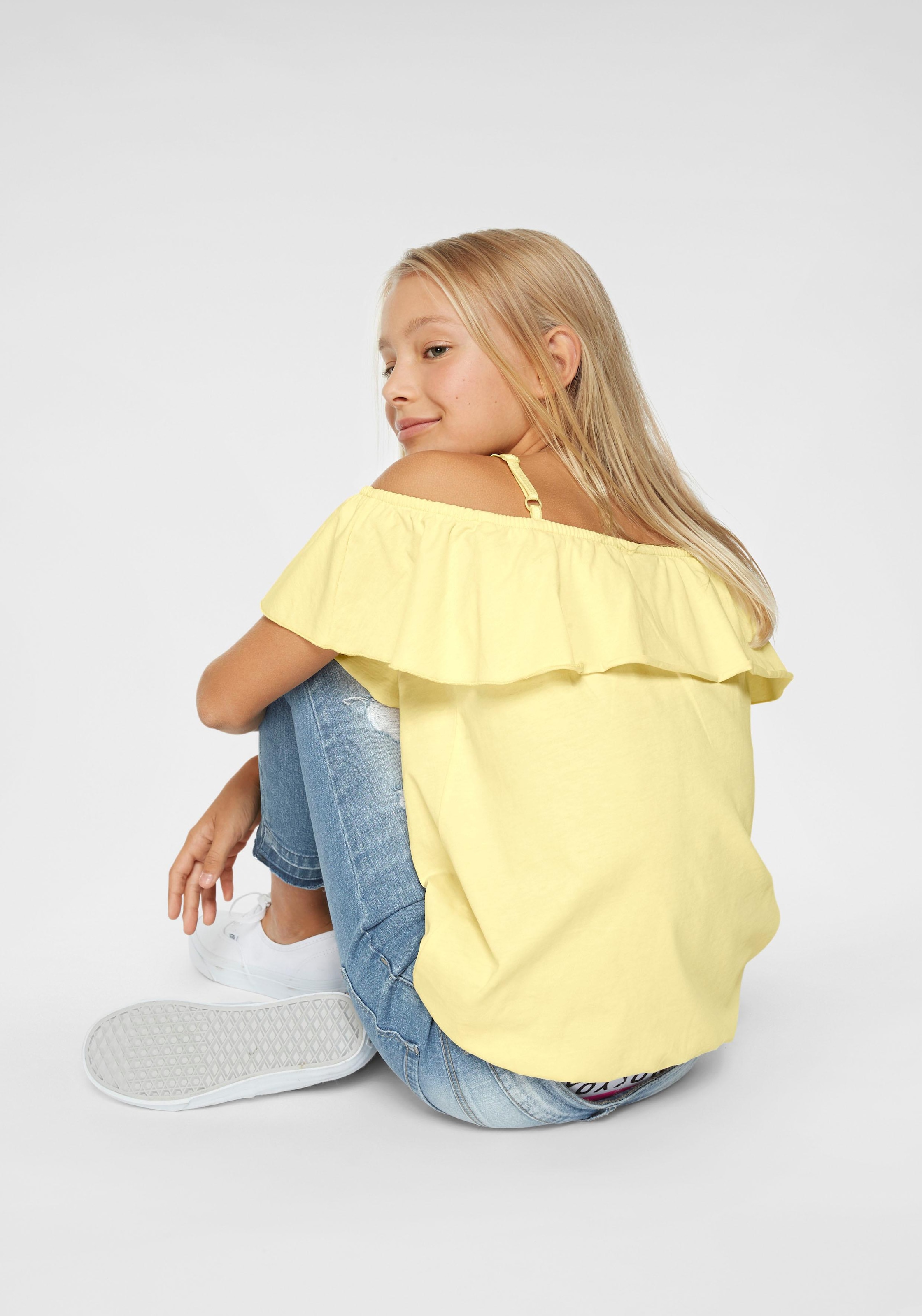 KIDSWORLD T-Shirt »Volant-Shirt«, Kurzarm, weite Passform, Carmenausschnitt, aus Jerseystoff