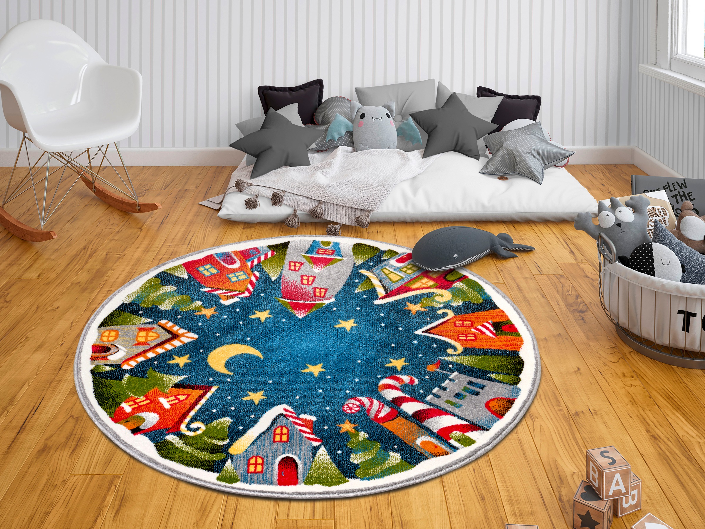 HANSE Home Teppich »Christmas Village«, rund, 9 mm Höhe, Farbenfrohes Design, Spielunterlage, strapazierfähig, Sterne