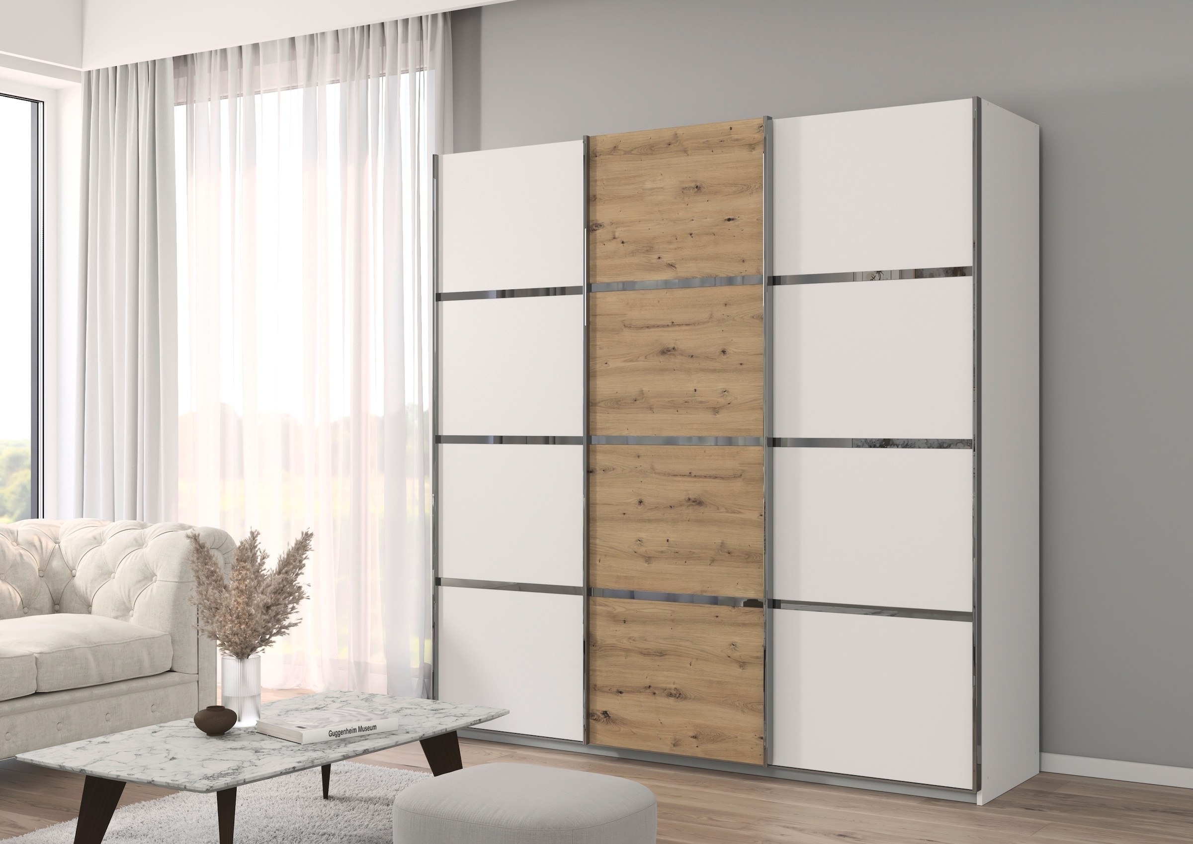 rauch Kleiderschrank »Schwebetürenschrank OTTO´s Choice Garderobe Schrank TOP ANGEBOT Avola«, (in 3 verschiedenen Ausstattungen BASIC/CLASSIC/PREMIUM), mit eleganten Zierleisten in Chrom, Schwarz oder Weiß MADE IN GERMANY