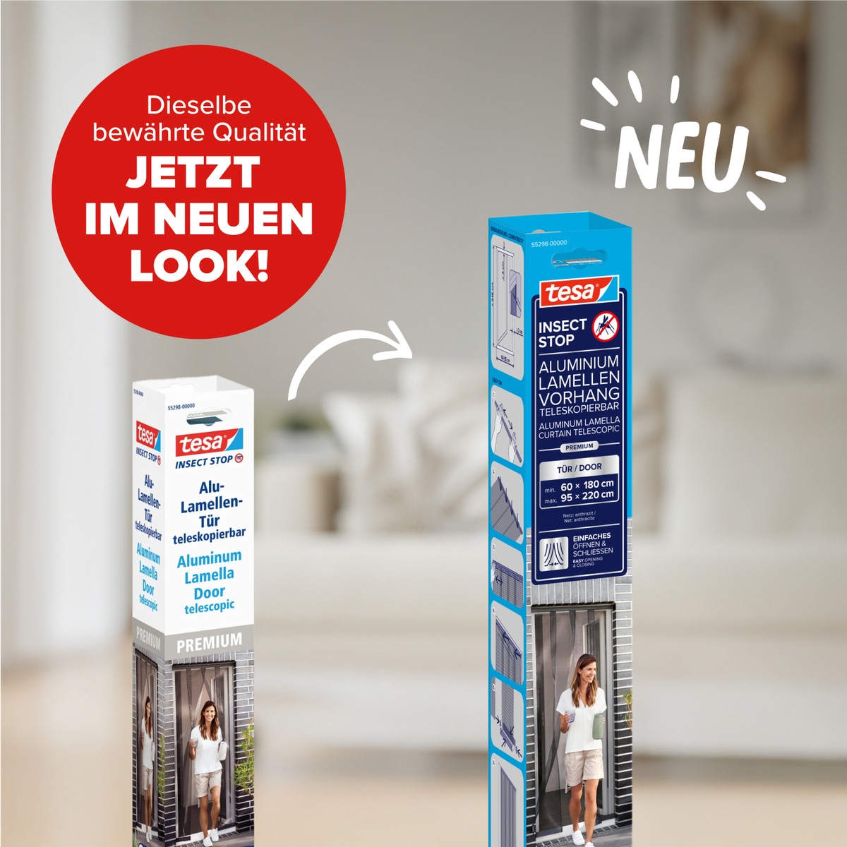 tesa Insektenschutz-Tür »Aluminium Lamellen Vorhang Premium - einfache Montage ohne Bohren« Packung, Alu Lamellentür teleskopierbar, selbstklebendes Premium-Klettband, 1 Stk. tlg. für Balkon- und Terrassentüren