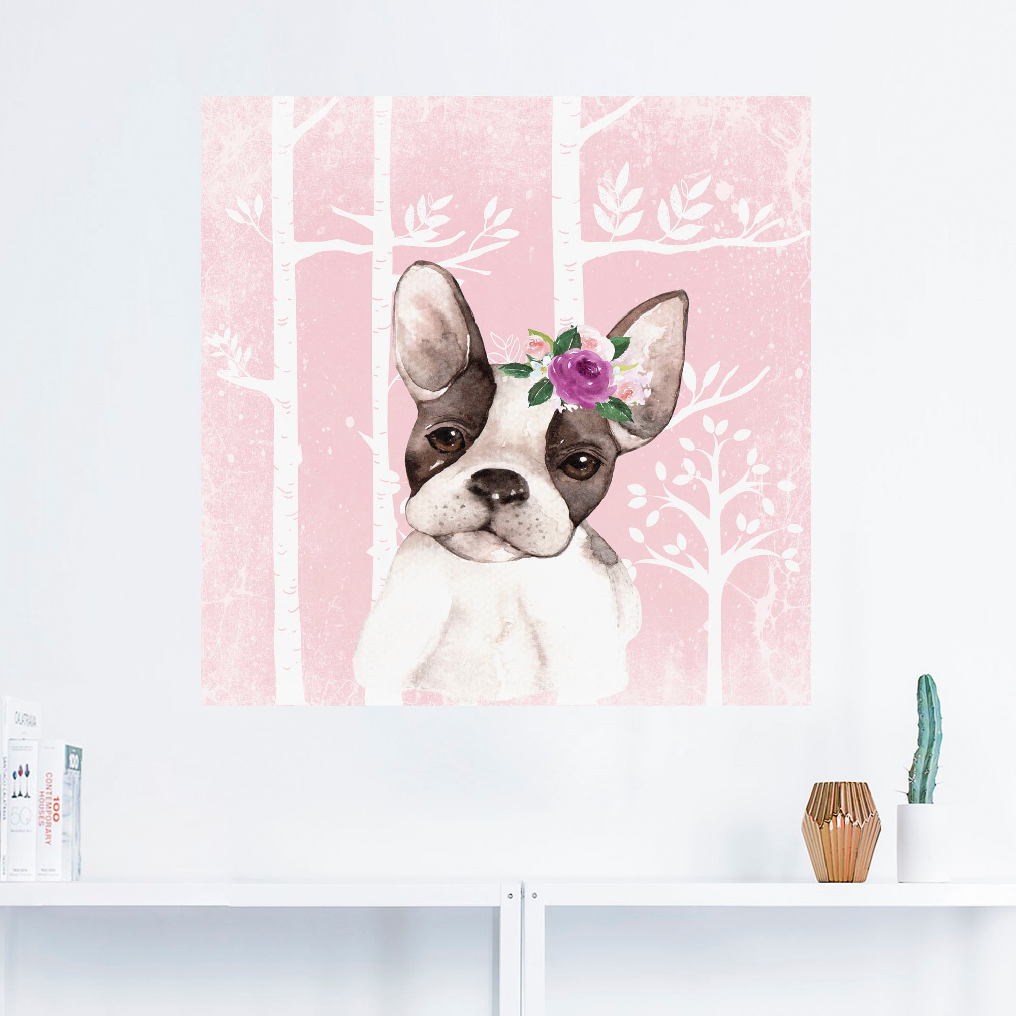 Artland Wandbild »Mops Hund mit Blumen im pink Wald«, Tiere, (1 St.), als Poster, Wandaufkleber in verschied. Größen