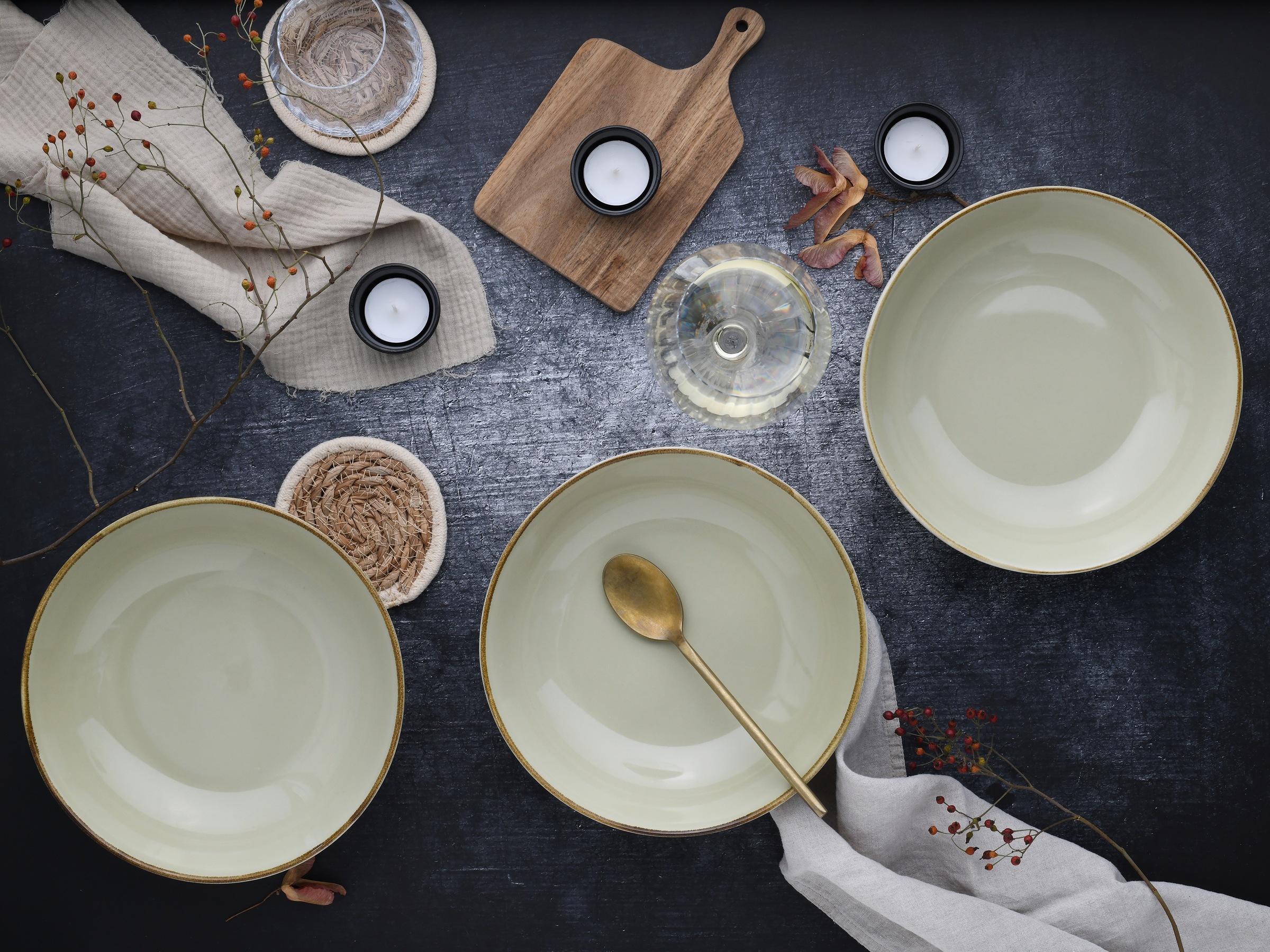 CreaTable Schale »Nature Collection, Poke Bowl, Ø 22,5 cm, 4-tlg«, 4 tlg., aus Steinzeug, Handwerklicher Look, Vintage, Höhe 5 cm