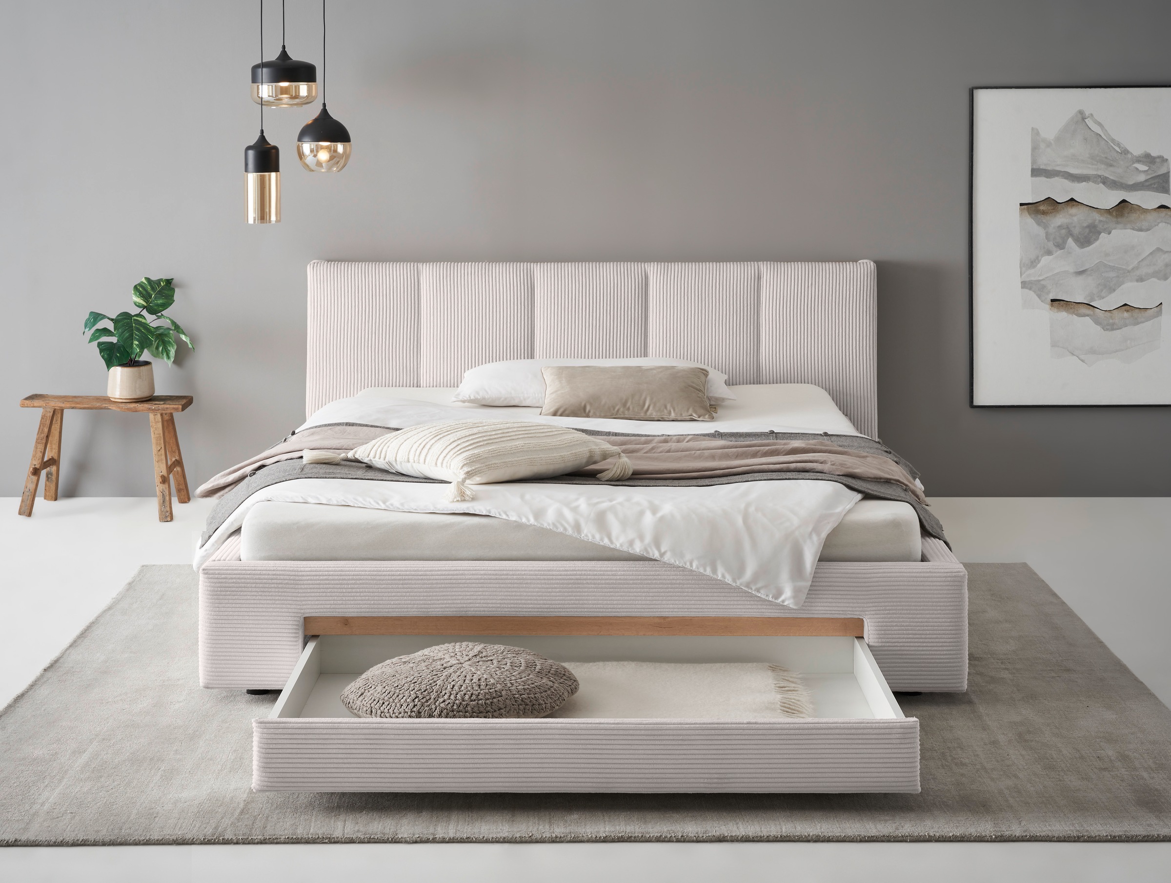 INOSIGN Polsterbett »CiTY/GiRON, Bettgestell mit Bettkasten, gepolstertes Stauraumbett«, mit Hundebett oder Stauraumschublade, Bezug Cord-oder Leinenoptik