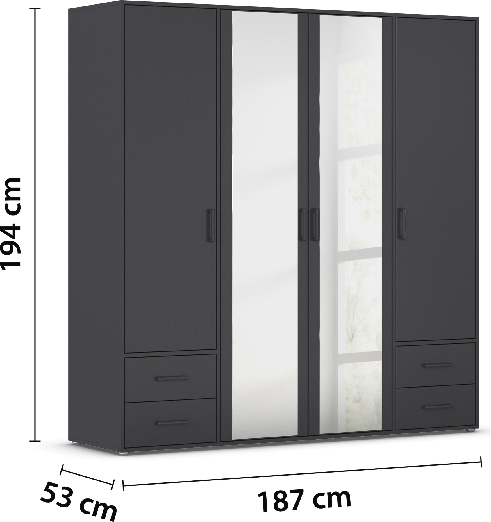 rauch Drehtürenschrank »Kleiderschrank Schrank Garderobe Wäscheschrank VOYAGER«, (in 3 verschiedenen Ausstattungen BASIC/CLASSIC/PREMIUM), mit modernen Griffen in Graumetallic, inkl. Schubkästen und Spiegel