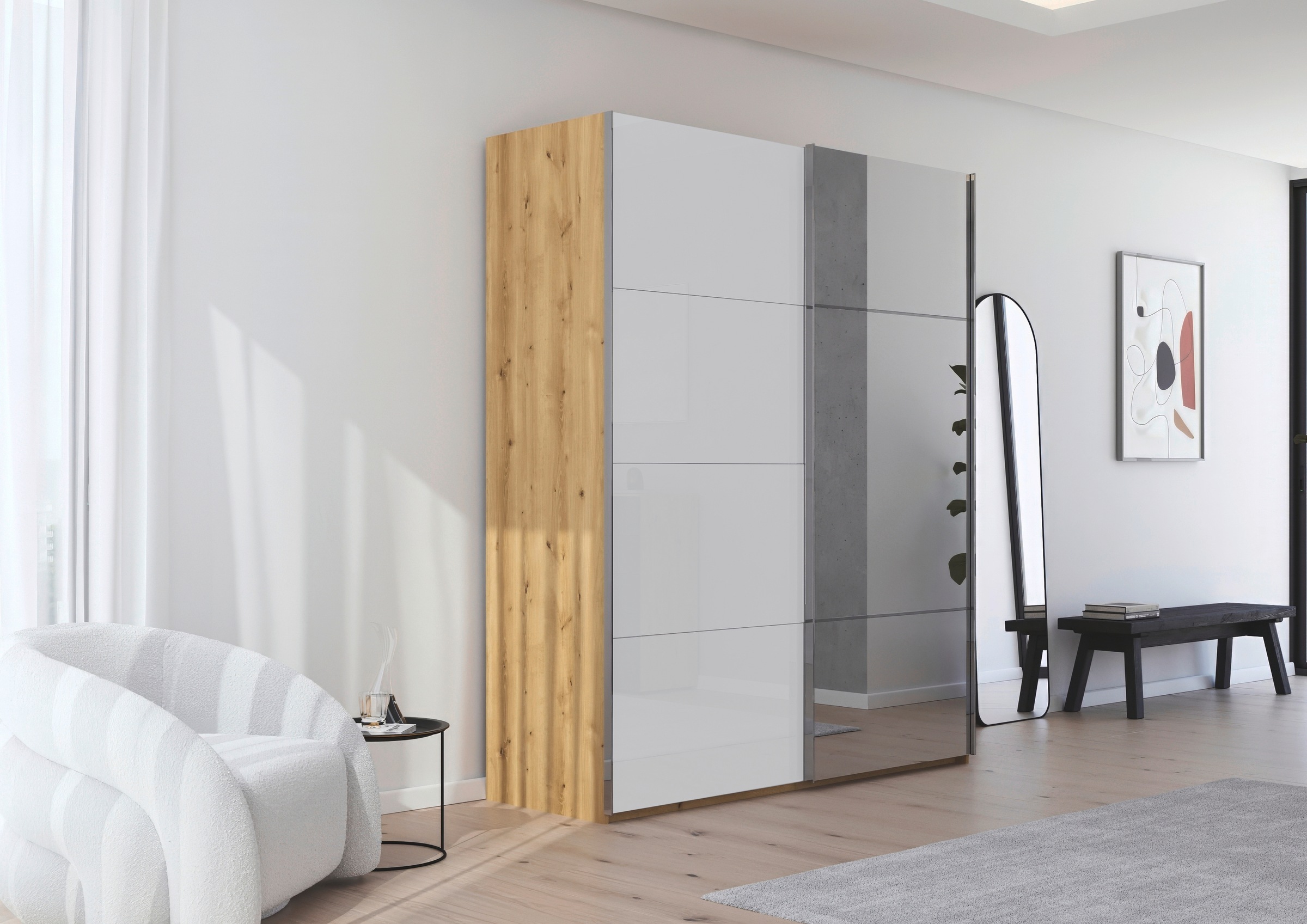rauch Schwebetürenschrank »Kleiderschrank Schrank Garderobe Schlafzimmerschrank SCALE-TRIO«, edle dreigeteilte Front mit 2 Zierleisten Spiegel/Glas MADE IN GERMANY