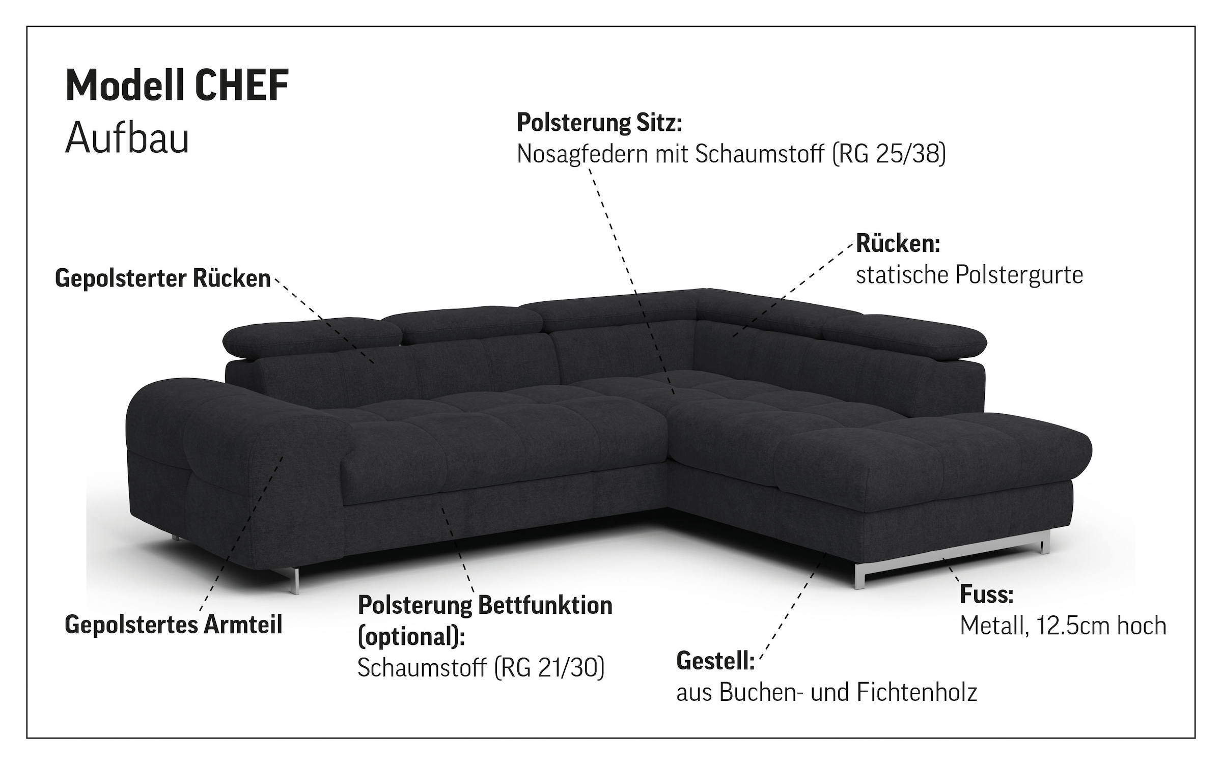 COTTA Ecksofa »Chef L-Form«, mit Kopfteilverstellung, edle Metallkufen, wahlweise mit Bettfunktion