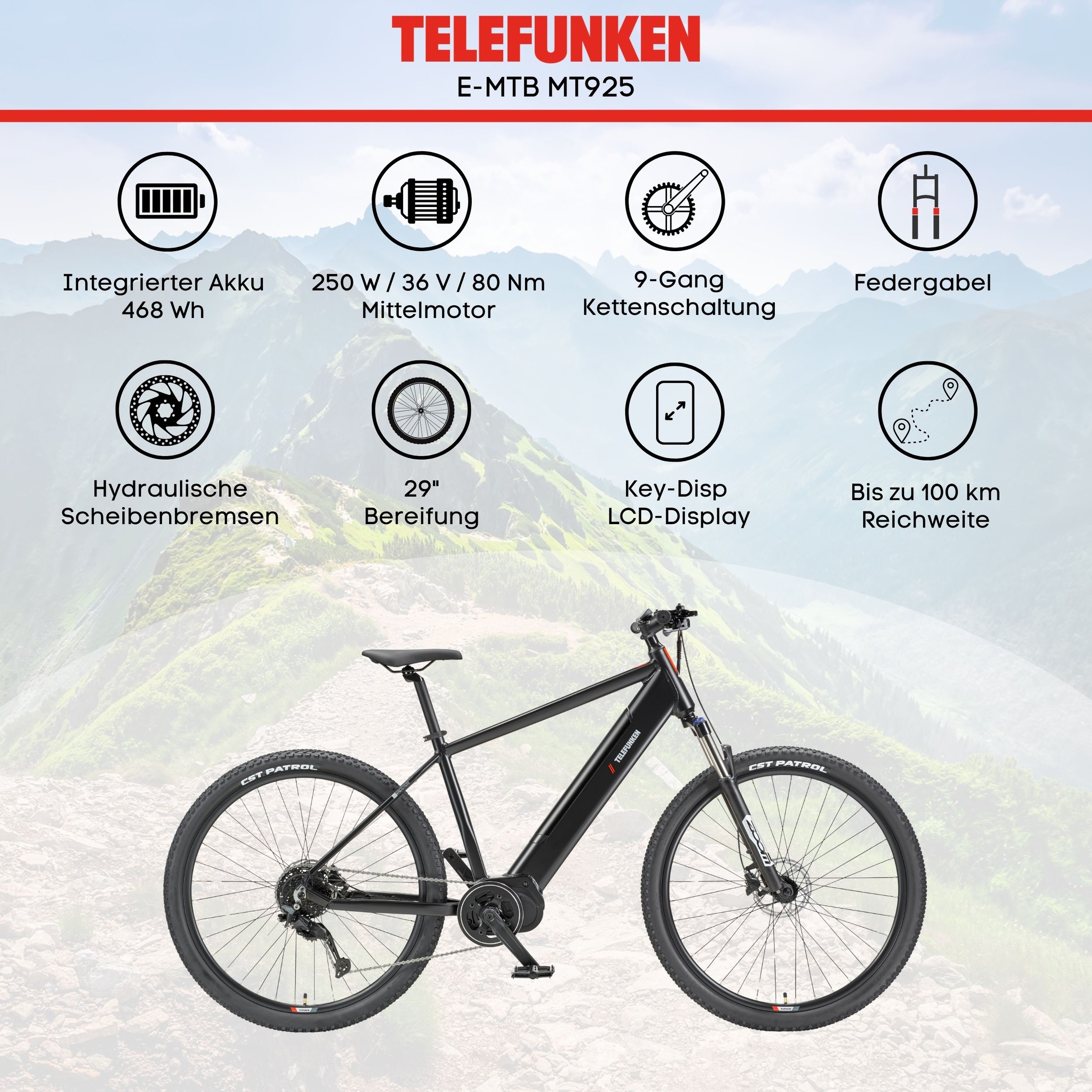 Telefunken »Aufsteiger MT925« 9 Gang Shimano Cues Schaltwerk Kettenschaltung Mittelmotor 250 W Pedelec, Elektrofahrrad, Damen u. Herren, E-MTB, Mountainbike, 29 Zoll