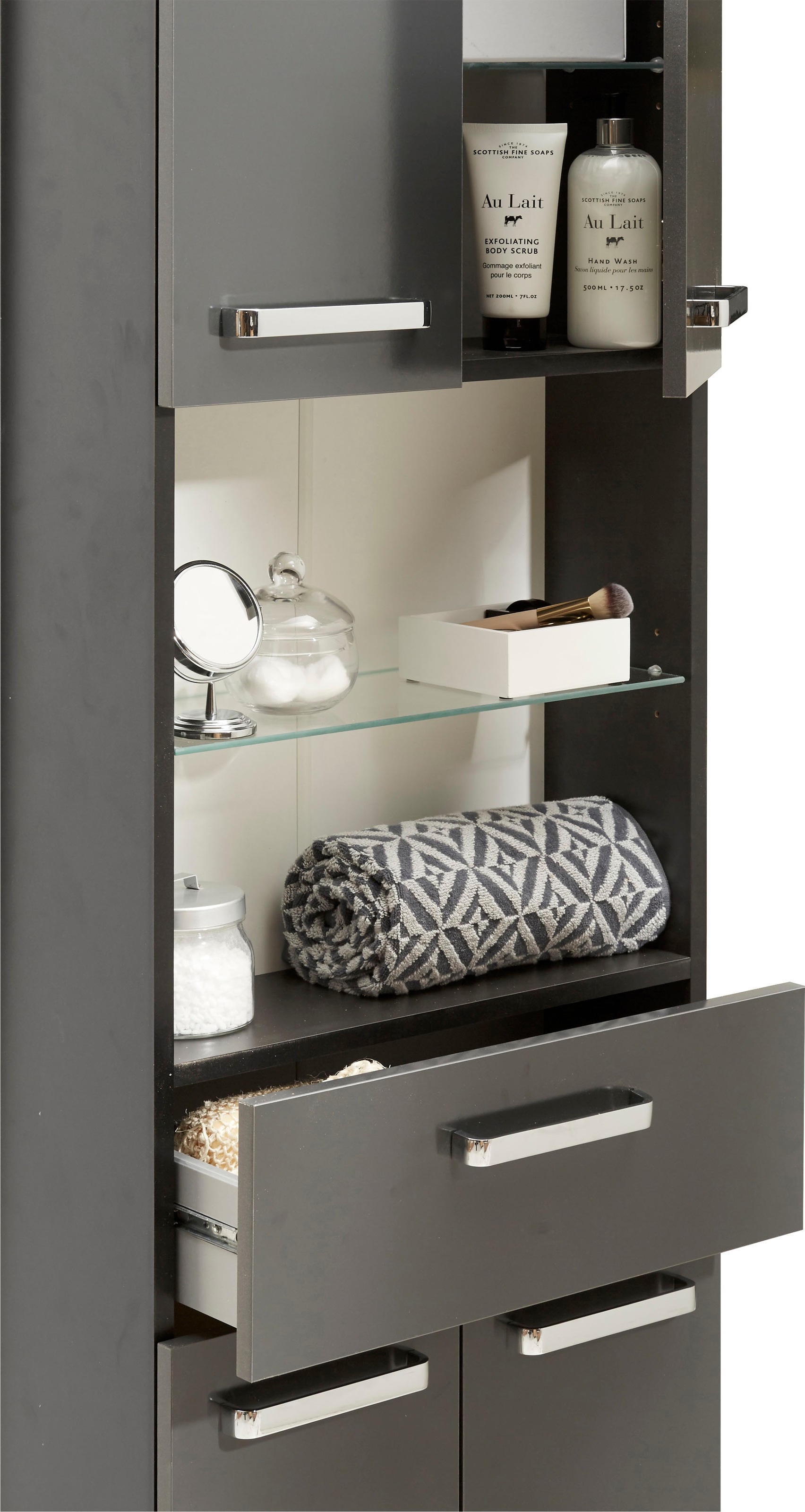 Saphir Hochschrank »Quickset Badschrank 50 cm breit, 4 Türen, 2 Nischen, 1 Schublade« Badezimmer-Hochschrank inkl. Türdämpfer, Griffe in Chrom glänzend
