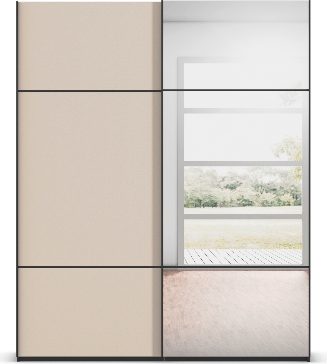 rauch Schwebetürenschrank »Kleiderschrank Schrank Garderobe Schlafzimmerschrank SCALE-TRIO«, edle dreigeteilte Front mit 2 Zierleisten Spiegel/Glas MADE IN GERMANY