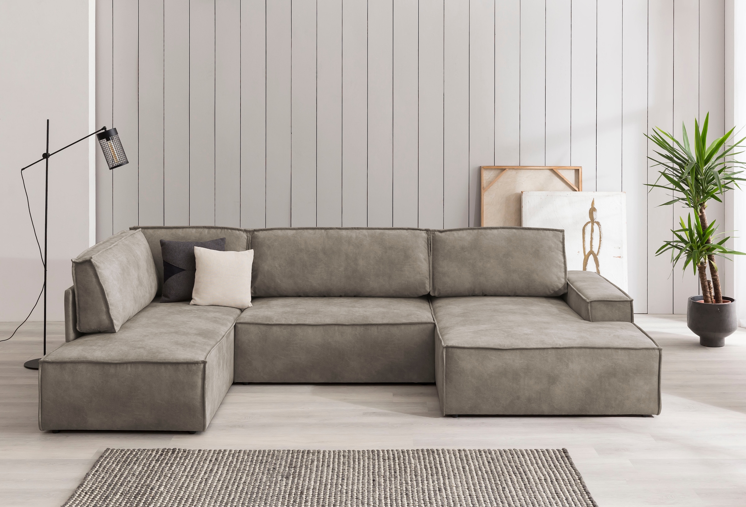 Home affaire Wohnlandschaft »SHERWOOD 329 cm, U-Form, Schlafsofa,«, Schlaffunktion m. Bettkasten (194x139 cm), Cord, Vintage, Samtvelours