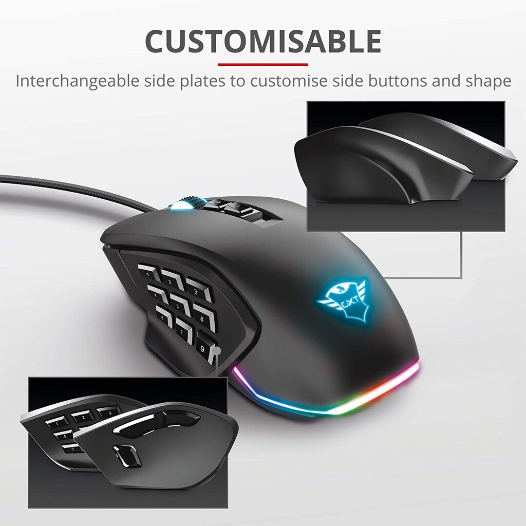 Trust Gaming-Maus »GXT970 MORFIX CUSTOMISABLE MOUSE«, RGB-Beleuchtung, 14 programmierbare Tasten