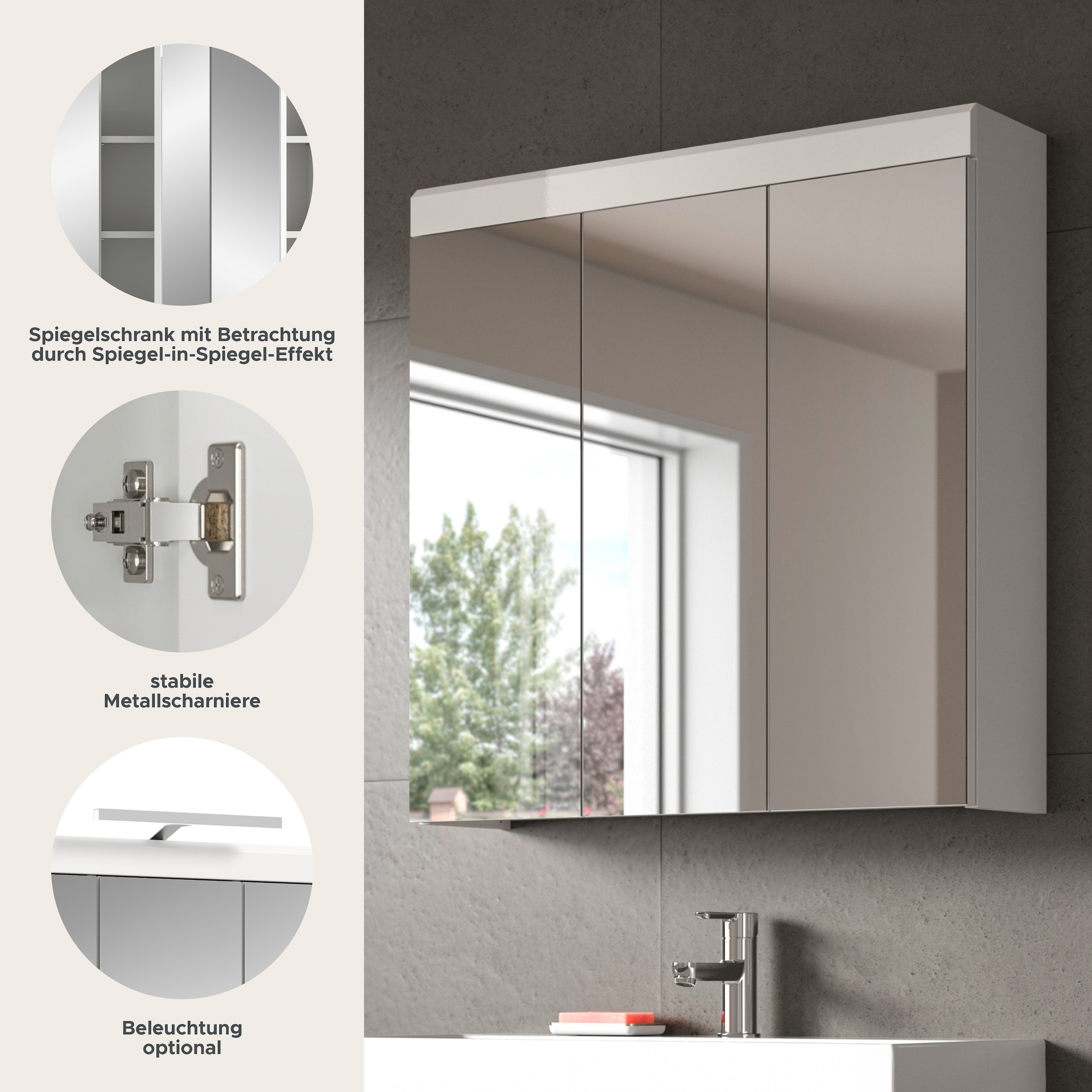 welltime Badezimmerspiegelschrank »SIENA, Breite 80 cm, 3 Spiegeltür, 6 Einlegeböden, 9 Fächer« Badmöbel, Badschrank, Schrank, Bad, Spiegel, Hängespiegel, Badspiegel