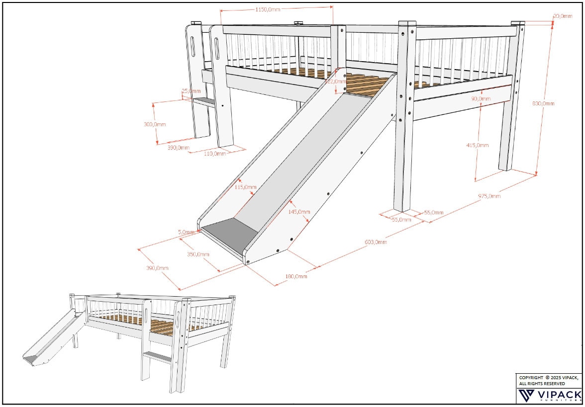 Vipack Massivholzbett »Forrest Massivholzbett Made in Europe, stabil und hochwertig gebaut« 90/200 cm, mit Rollrost, Leiter und Rutsche, seitenverkehrt montierbar, 
