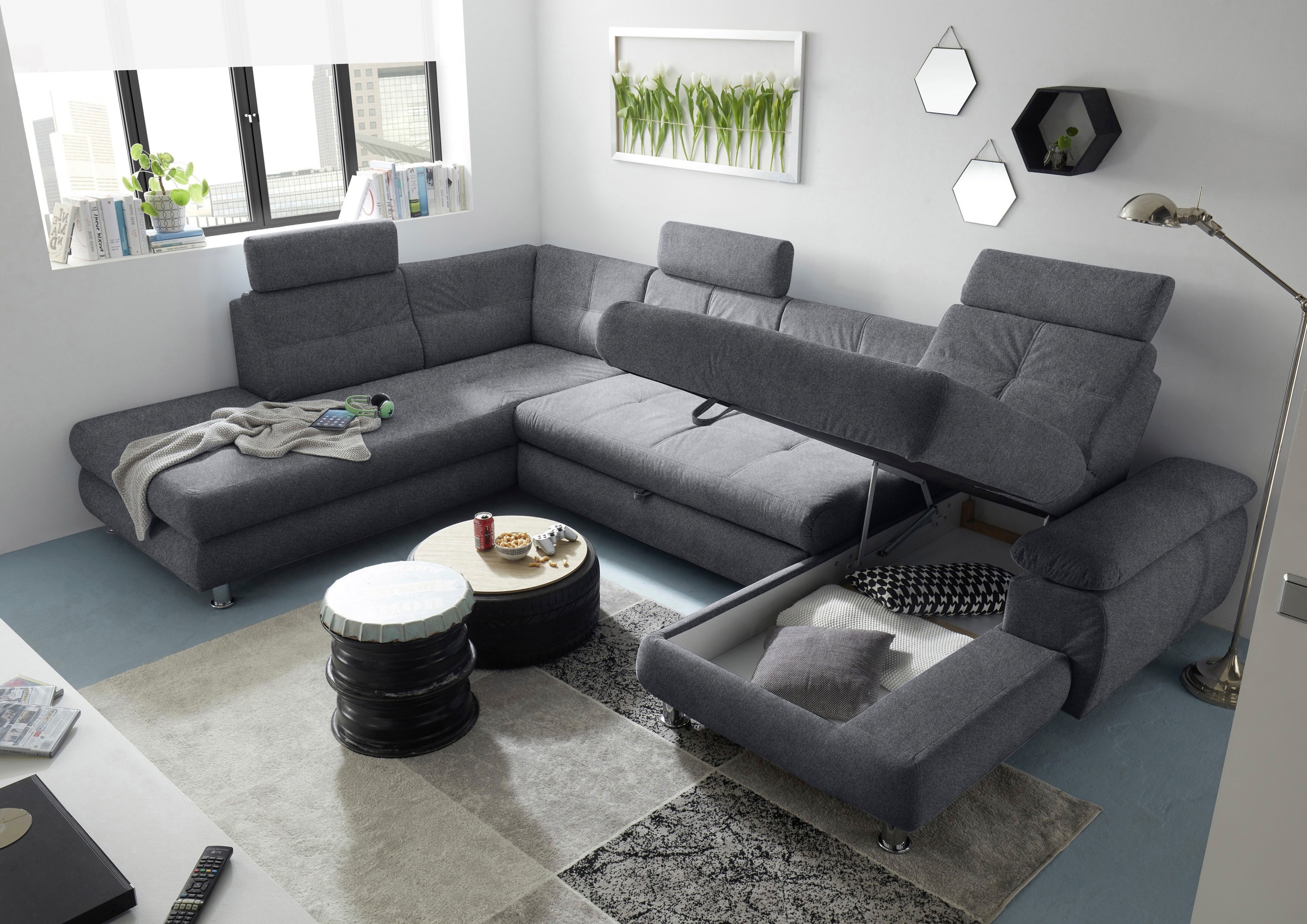 ED EXCITING DESIGN Wohnlandschaft »Alba U-Form«, mit Bettfunktion, Bettkasten, Armteilverstellung & Kopfstützen