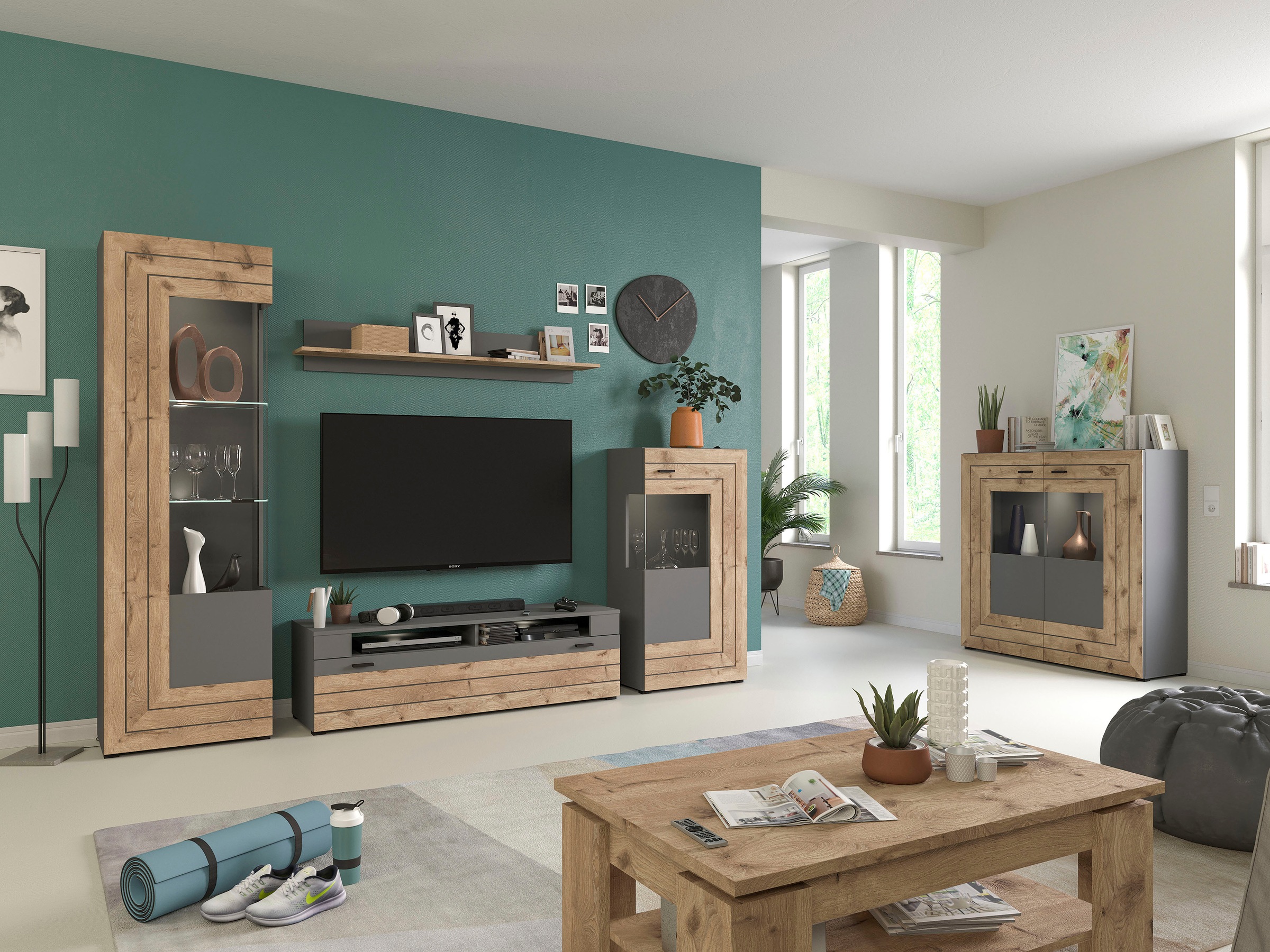 INOSIGN Highboard »Aalborg, Höhe 117cm, 2 Glastüren, 6 Fächer, 2-farbig, Metallgriffe«, Anrichte, Schrank, Kommode, Midischrank, Wohnmöbel, Wohnzimmer