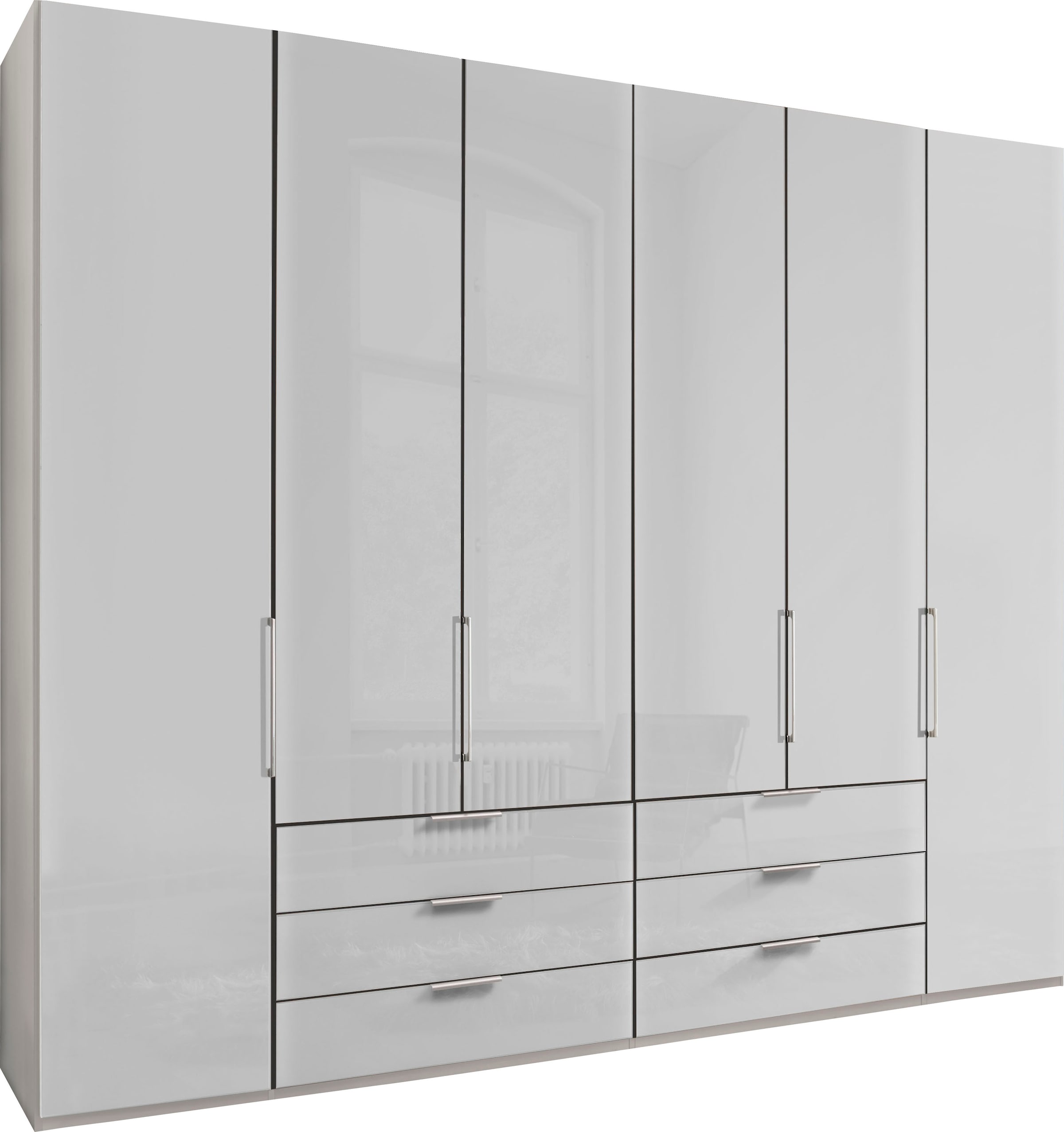 WIEMANN Falttürenschrank »Monaco, Kleiderschrank, Schrank, Wäscheschrank, mit edler Glasfront« 2 Breiten, 2 Höhen 216/236 cm auswählbar, MADE IN GERMANY,  inkl. gepämpften Schubkästen und Türen, mit Panoramaöffnung