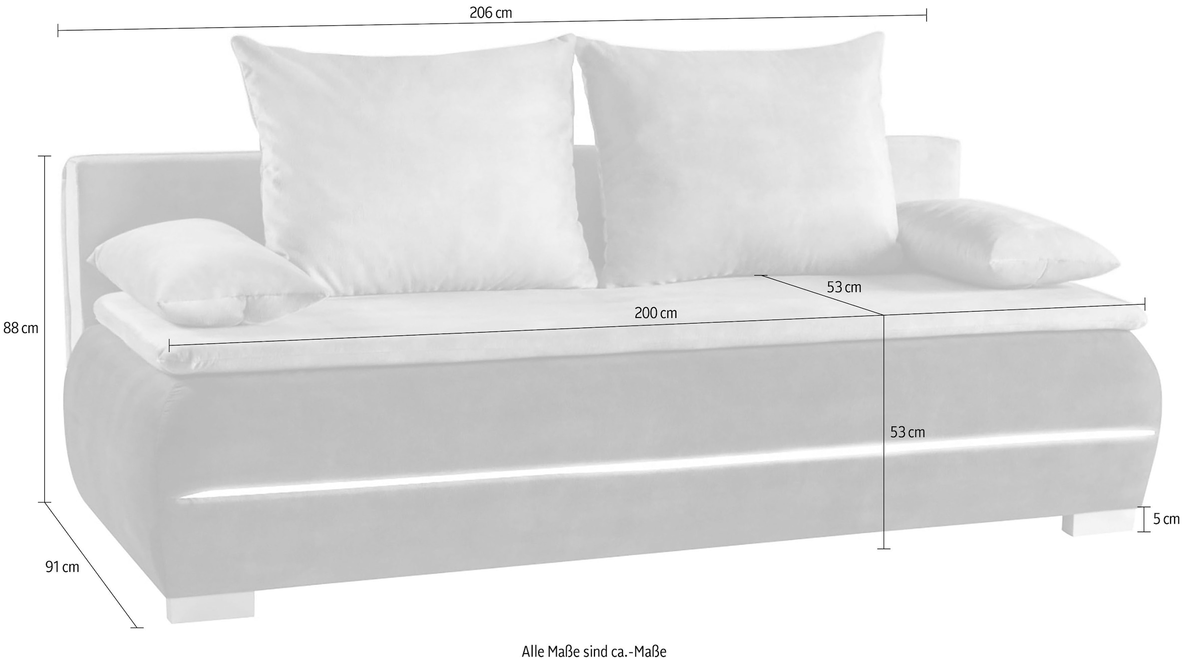 WERK2 Schlafsofa »Tekla 206 cm LED modern, Liegefläche 200/140cm, Wellenunterfederung« Veloursstoff, Schlaffunktion, Bettkasten, LED-Beleuchtung