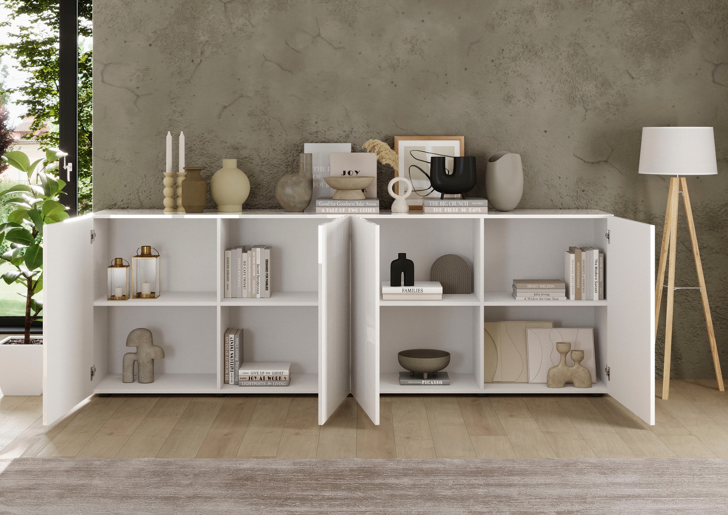 INOSIGN Sideboard »Rio Breite 240 cm, Kommode mit 4 Türen, Anrichte,«, geriffelte MDF-Fronten, modern u. elegant, viel Stauraum