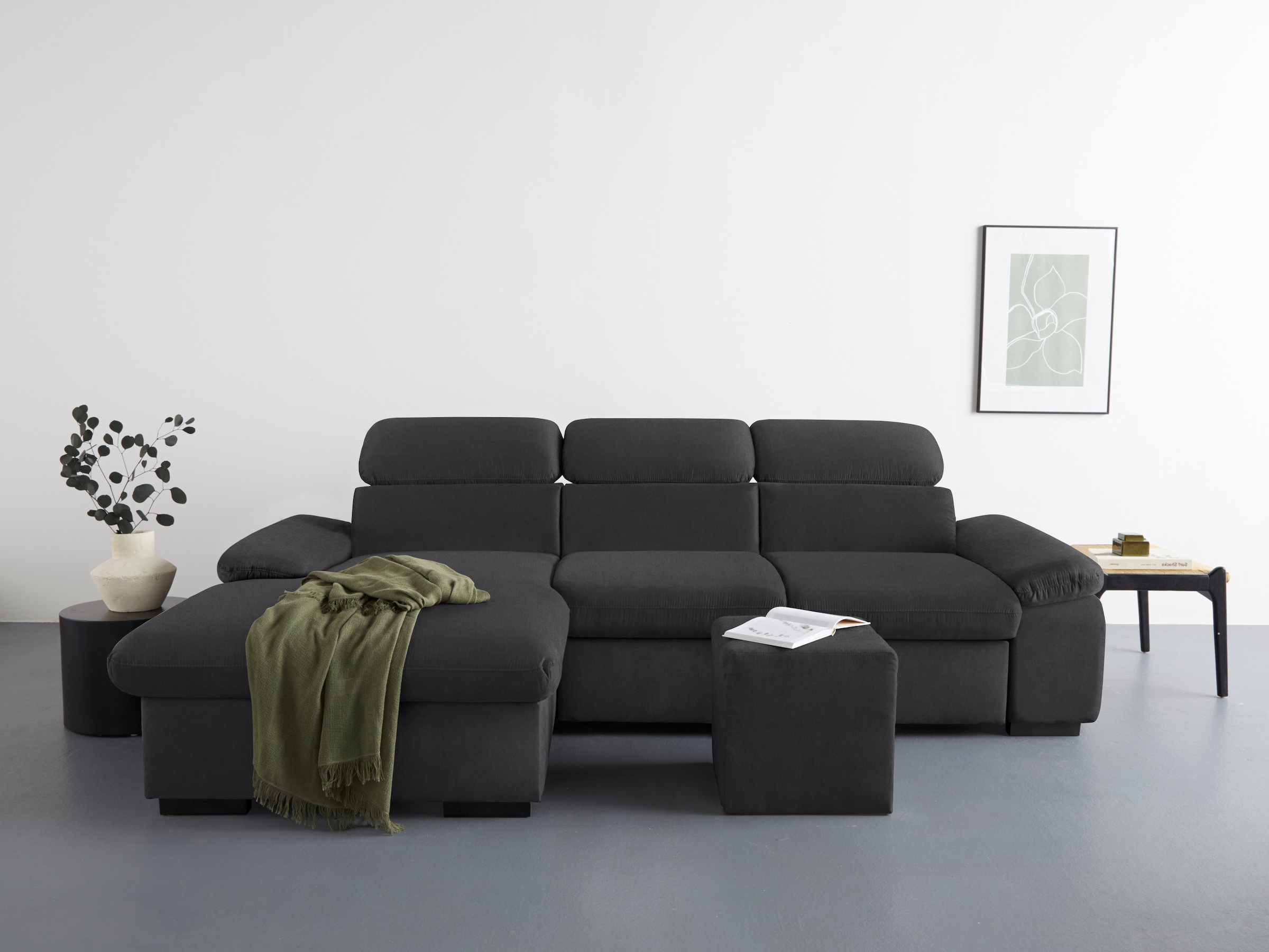 COTTA Ecksofa »Lola L-Form mit Kopfteilfunktion & Hocker«, (Set, mit Hocker), wahlweise mit Bettfunktion, Bettkasten & Armteilverstellung