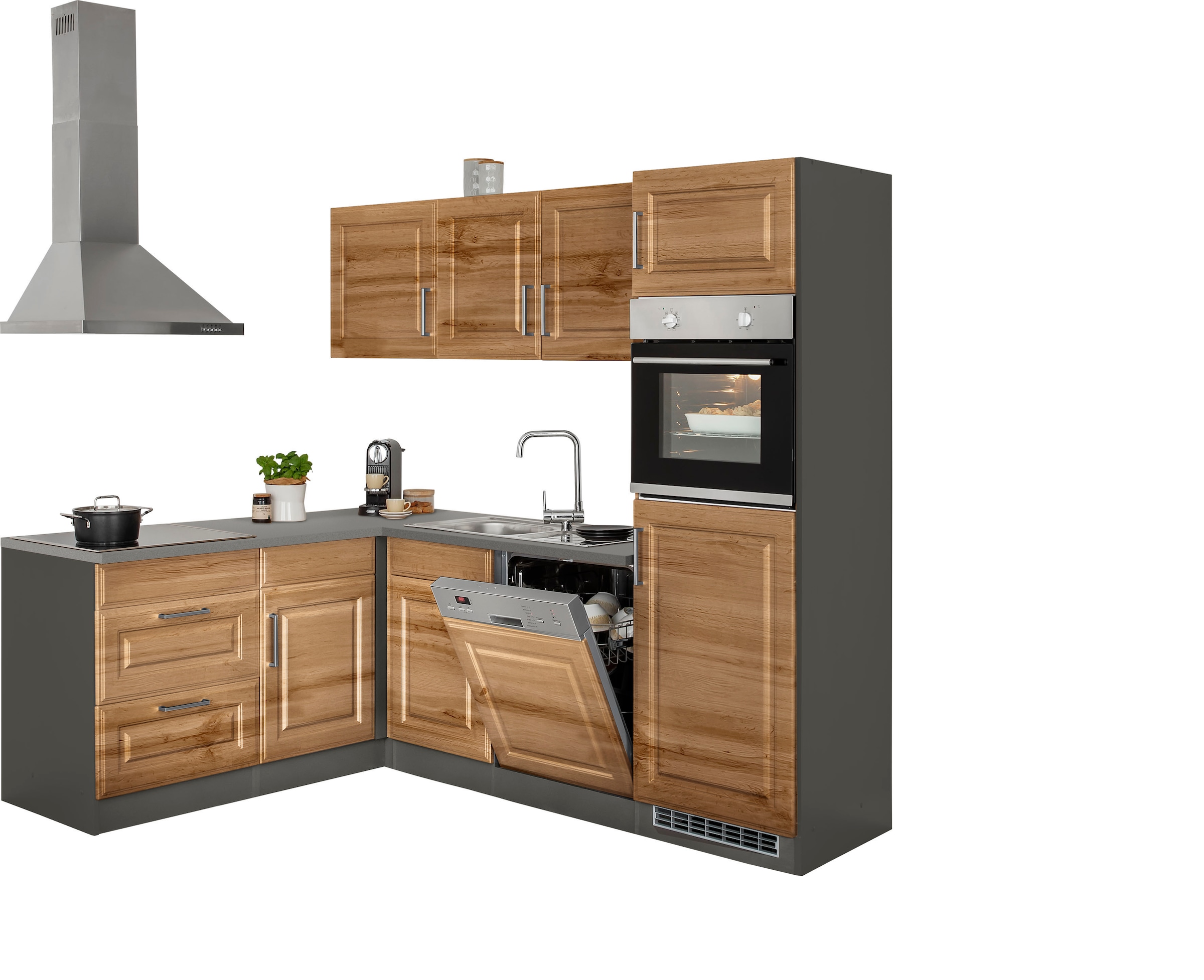 KOCHSTATION Winkelküche »KS-Stockholm« Stellbreite 230/170 cm, mit hochwertigen MDF Fronten im Landhaus-Stil