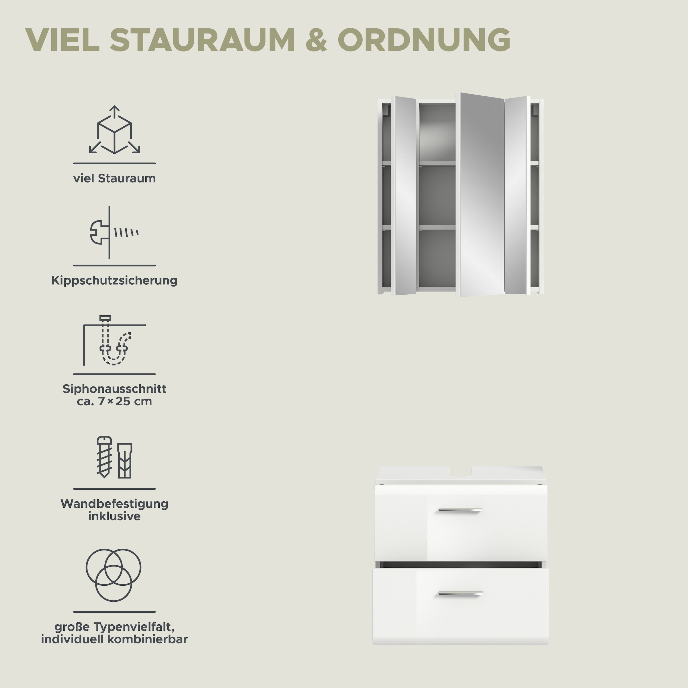 INOSIGN Badmöbel-Set »FLORENZ, TOPSELLER!, 2-teilige Badkombination, hochwertige MDF-Front«, (bestehend aus: 1 Waschbeckenunterschrank, 1 Spiegelschrank), Bad-Kombination, Bad-Möbel, Badezimmer, Kombination, Kombi