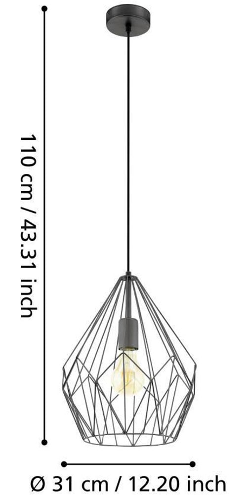 EGLO Pendelleuchte »CARLTON Hängeleuchte, schwarz, Stahl, exkl. Leuchtmittel, Retro«, 1 flammig, Leuchtmittel E27 | ohne Leuchtmittel, Vintage Pendellampe, 1 flammig, Drahtgeflecht, Industrial, 110x31cm