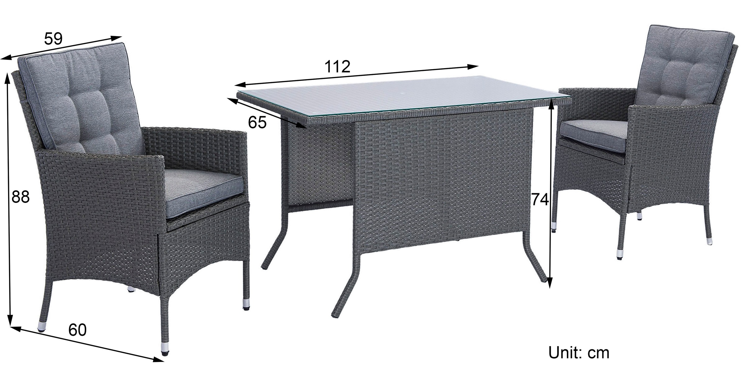 KONIFERA Garten-Essgruppe »Korfu«, (Set, 5 tlg., 2x Sessel, 1x Tisch 112x65x73,5 cm, inkl. Auflagen, inkl. Schutzhülle), Polyrattan/Stahl, Dunkelgrau