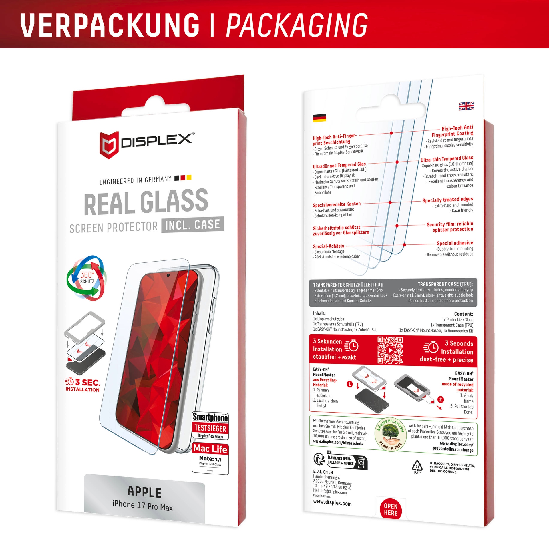 Displex Displayschutzglas »Real Glass Screen Protector + Case mit EASY-ON MountMaster« für Apple iPhone 17 Pro Max Displayschutzfolie, Schutzfolie, Bildschirmschutz, kratz- & stoßfest