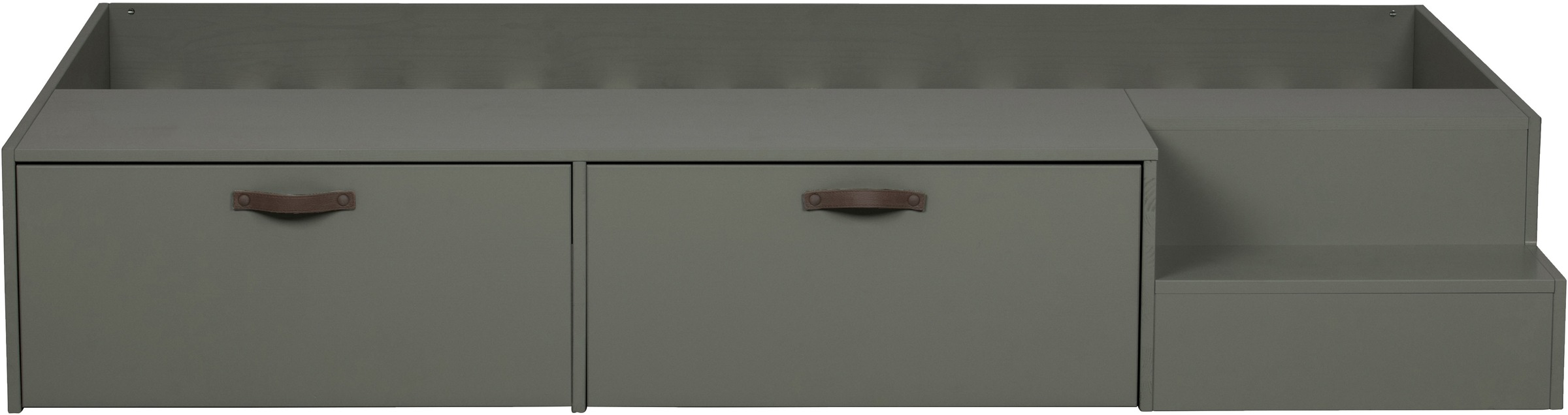 WOOOD Stauraumbett »Stage Massivholz FSC®-Kiefernholz mit Trittstufen 204 x 131 x 35 cm« Rollauszüge mit Ledergriff, breite Holzkante, Matratzenmaß 80x200 cm