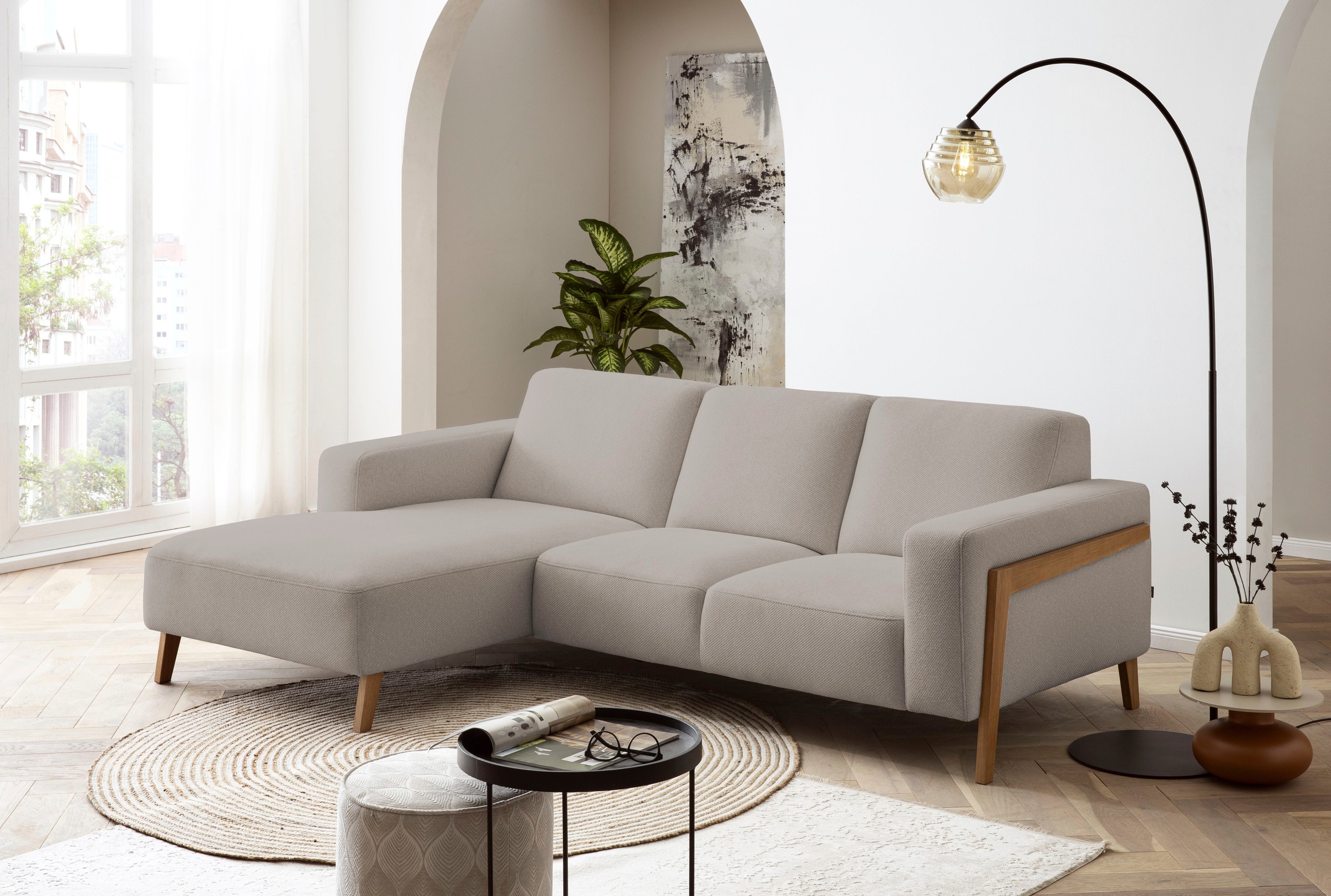 exxpo - sofa fashion Ecksofa »Starr, modern und klassisches Design, hochwertige Verarbeitung, bequem«, L-Form, wahlw. elektrische Sitztiefenverstellung, Massivholzfüße