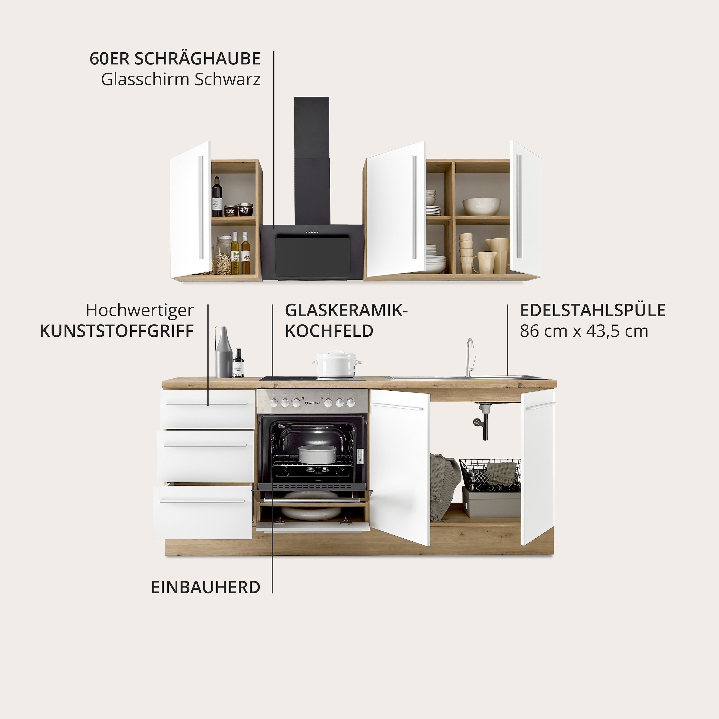 KOCHSTATION Küchenzeile »KS-Florida mit 38mm starker Arbeitsplatte«, Breite 210 cm, wahlweise mit E-Geräten, Soft-Close-Funktion