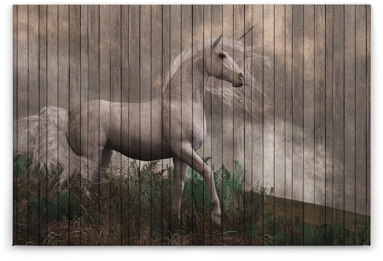 A.S. Création Leinwandbild »fantasy 3«, Kunst-Tiere-Kinder, (1 St.), Keilrahmen Bild Holzoptik Einhorn Leinwand-Bild Wohnzimmer modern Wand