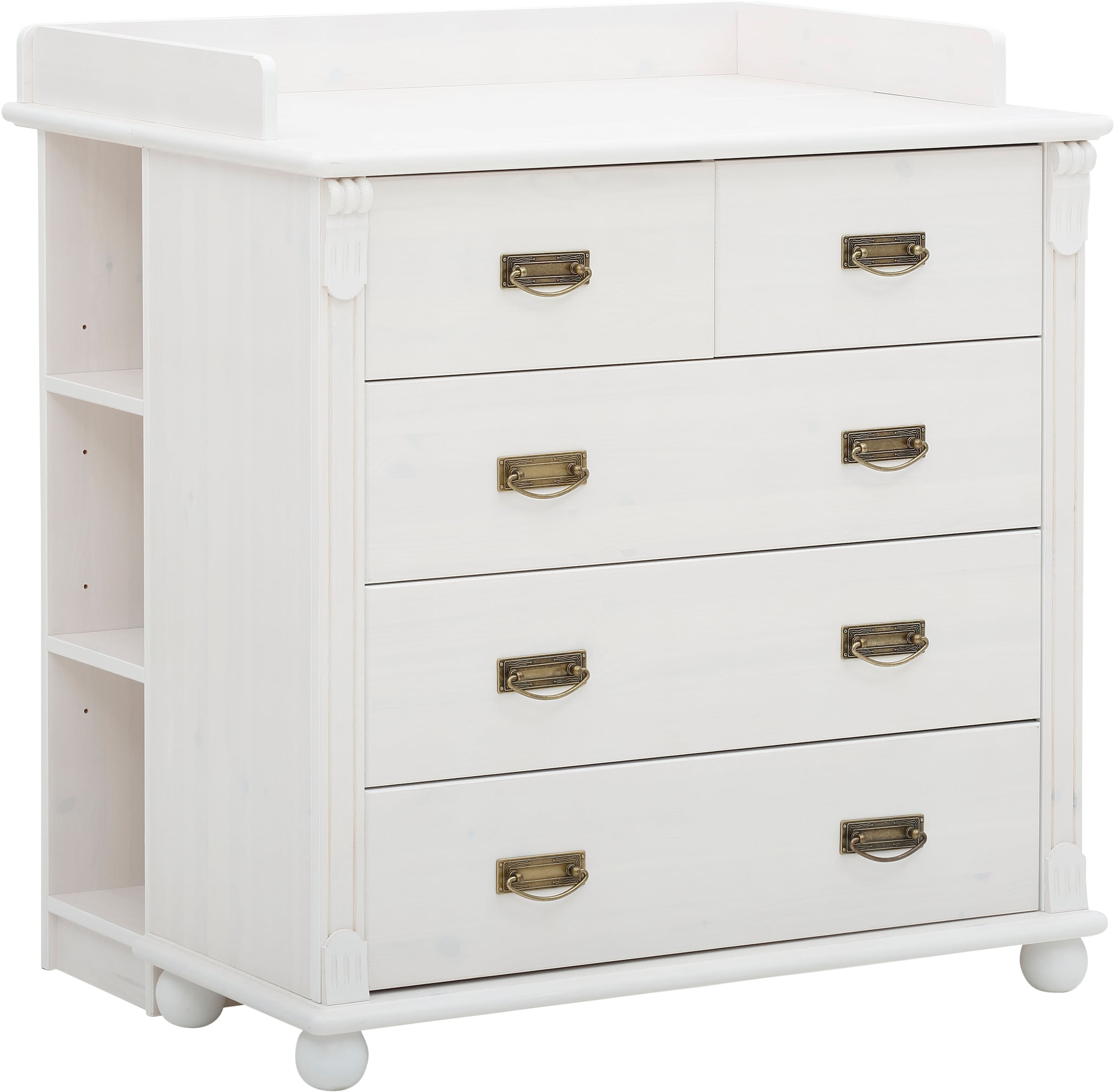 Lüttenhütt Babyzimmer-Komplettset »Aimo, luxoriöser Landhausstil, Messinggriffe,«, (Spar-Set, 3 tlg., Kinderbett, Wickelkommode, Unterbauregal, 5 Schubladen), aus Massivholz; FSC®-Holz aus gewissenhaft bewirtschafteten Wäldern