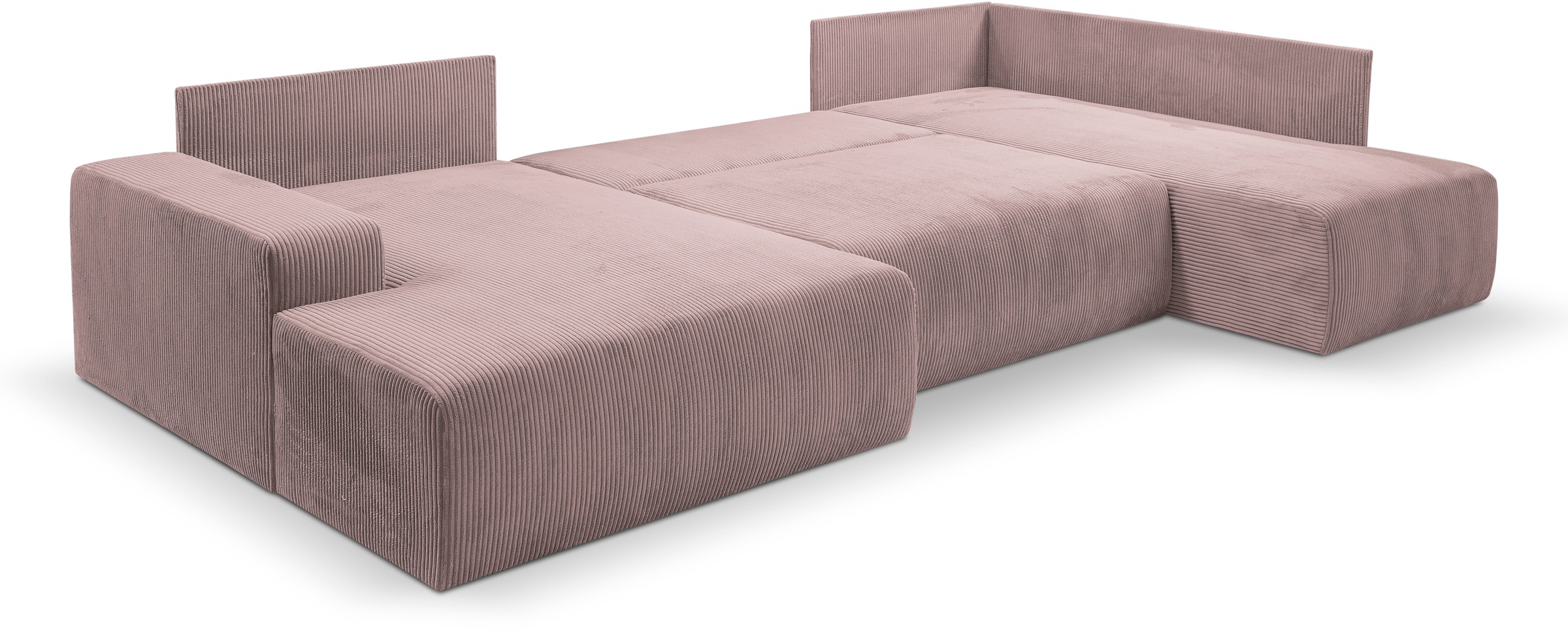 WERK2 Wohnlandschaft »Rotterdam-U, U-Form, in kuschelweichem Cord oder Breitcord«, Design Sofa mit Schlaffunktion & Bettkasten, Cord, Rose