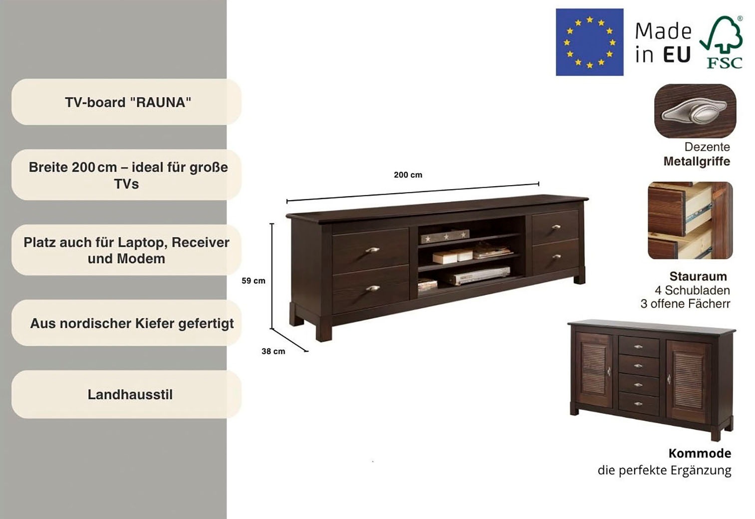 Home affaire Lowboard »Rauna«, Kommode, Breite 200 cm, FSC®-zertifiziertes Massivholz