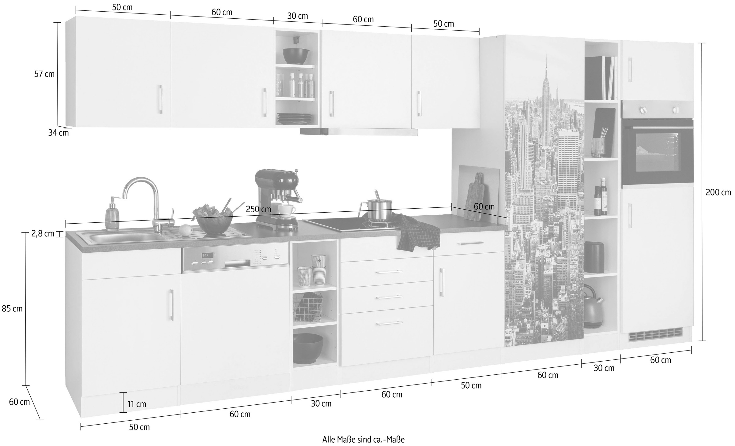 HELD MÖBEL Küchenzeile »Paris«, mit E-Geräten, Breite 400 cm