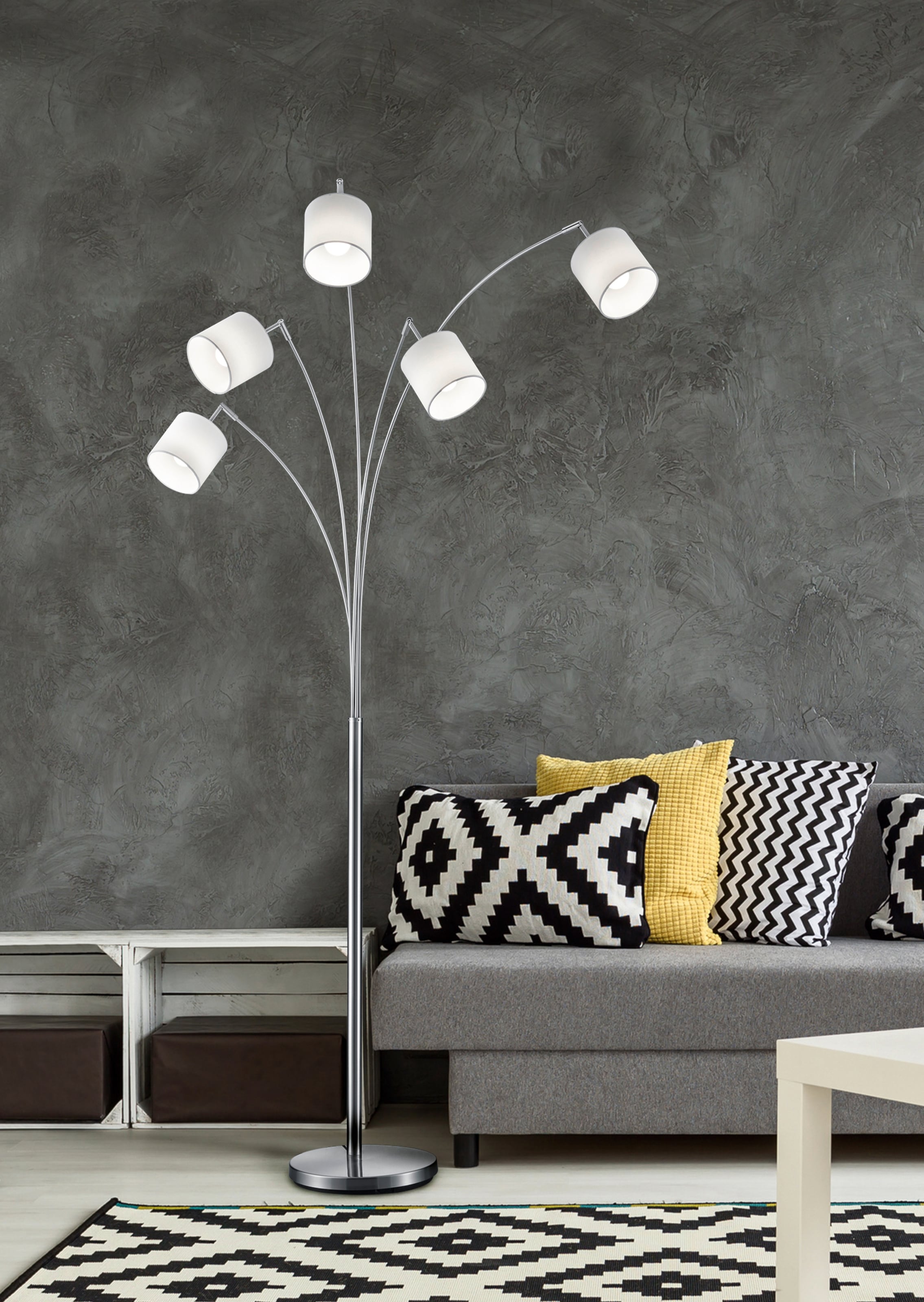 REALITY Leuchten Stehlampe »Tommy, Bogenleuchte 5-flammig, exkl 5x E14 max 28W, mit Fussschalter« E14 1 Stk. warmweiß - kaltweiß Stehlampe Wohnzimmer mit Stoffschirmen und verstellbaren Spots