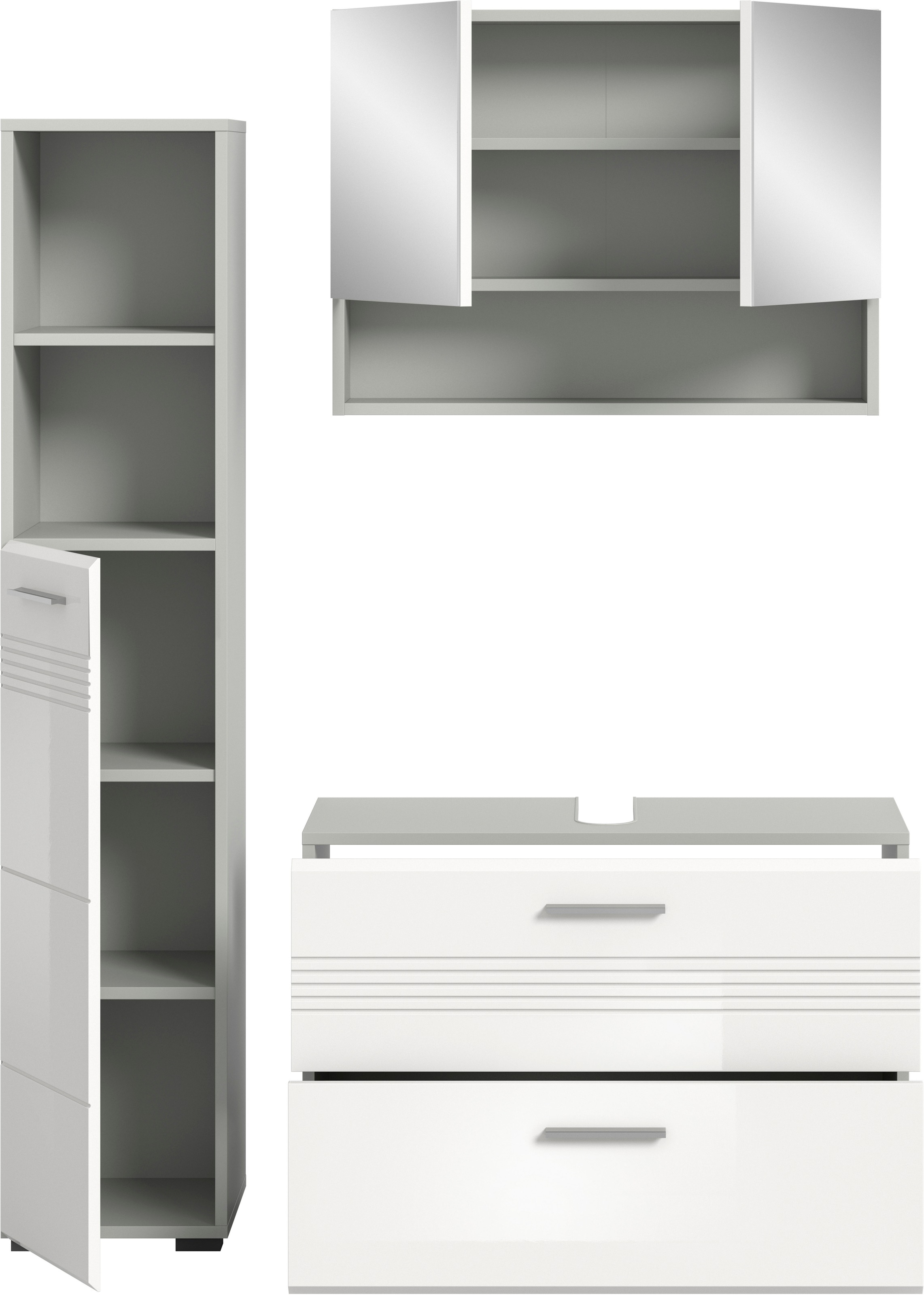 welltime Badmöbel-Set »Calicio, bestehend aus:Waschbeckenunterschrank,Hoch-und Spiegelschrank« 3 Stk. tlg. Spiegelschrank, hochwertige MDF Front mit Rillenfräsung