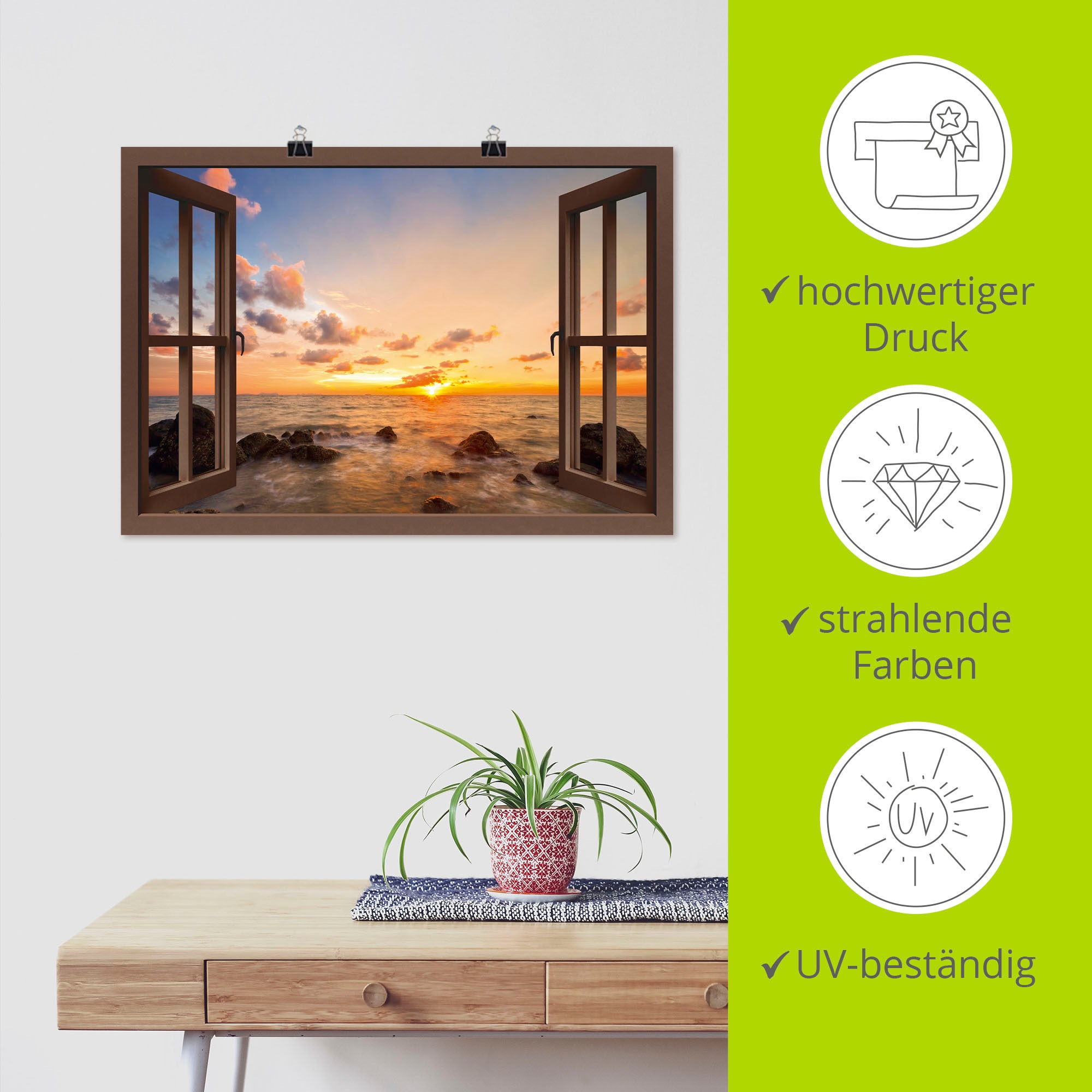 Artland Wandbild »Fensterblick Sonnenuntergang am Meer«, Fensterblick, (1 St.), als Alubild, Outdoorbild, Leinwandbild, Poster, Wandaufkleber