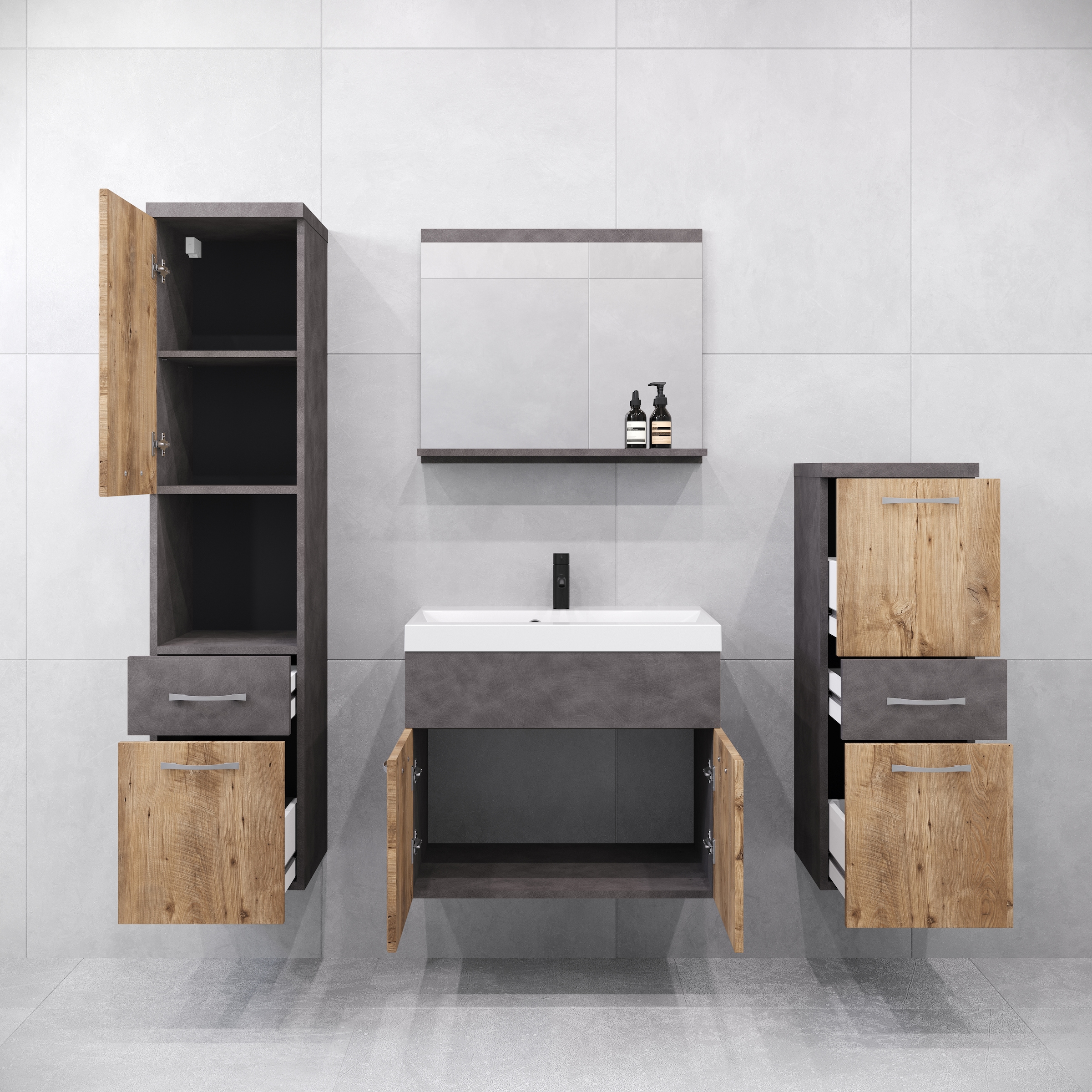 welltime Badmöbel-Set »ELDA«, (Komplett-Set, 5 St.), Waschtisch inkl. Waschbecken, Hochschrank, Badschrank und Spiegel