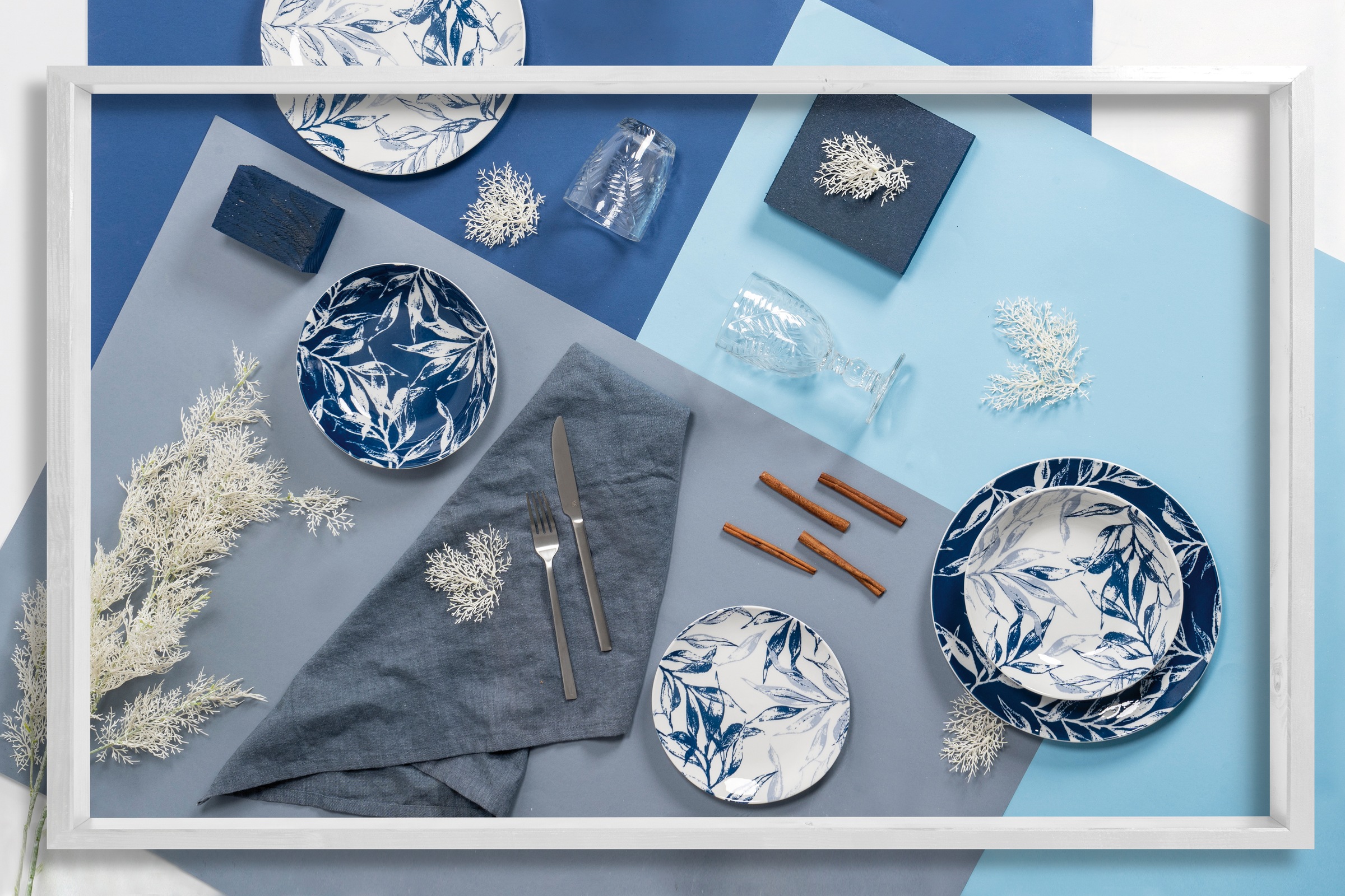 Villa d'Este Teller-Set »Geschirr-Set Forest Leaf Blue«, (Set, 18 tlg.), Service, Tafelservice, 18 Teile, für 6 Personen