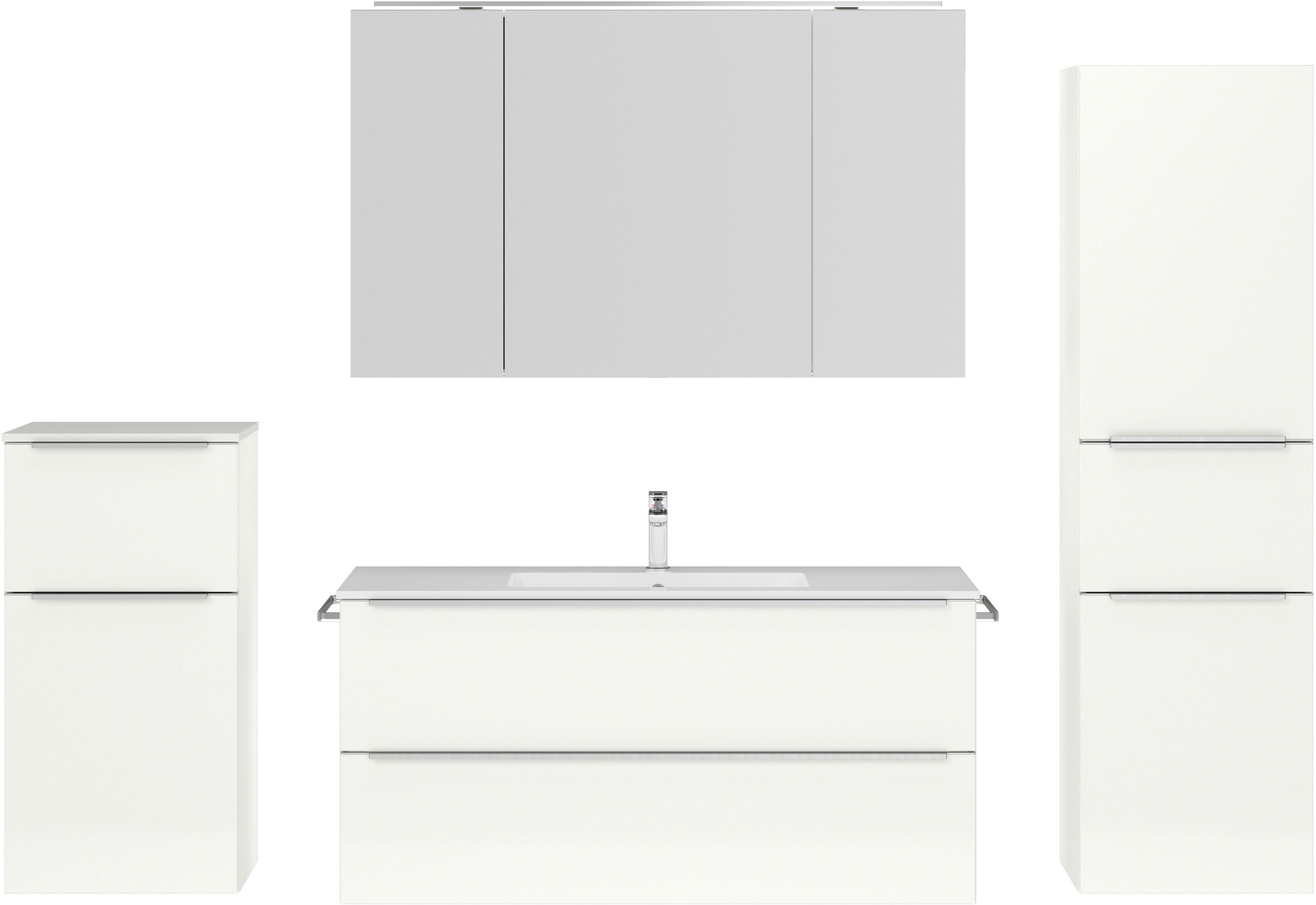 nobilia® Badmöbel-Set »Levere«, (4 St., vormontiert, mit Soft-Close), inkl. Spiegelschrank mit Beleuchtung und Dimmerfunktion, in 4 Breiten