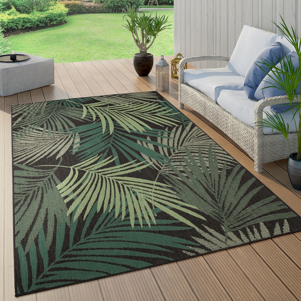 Paco Home Teppich »Ostende 534«, rechteckig, 2 mm Höhe, Flachgewebe, Motiv Palmenblätter, In- und Outdoor geeignet, Wohnzimmer