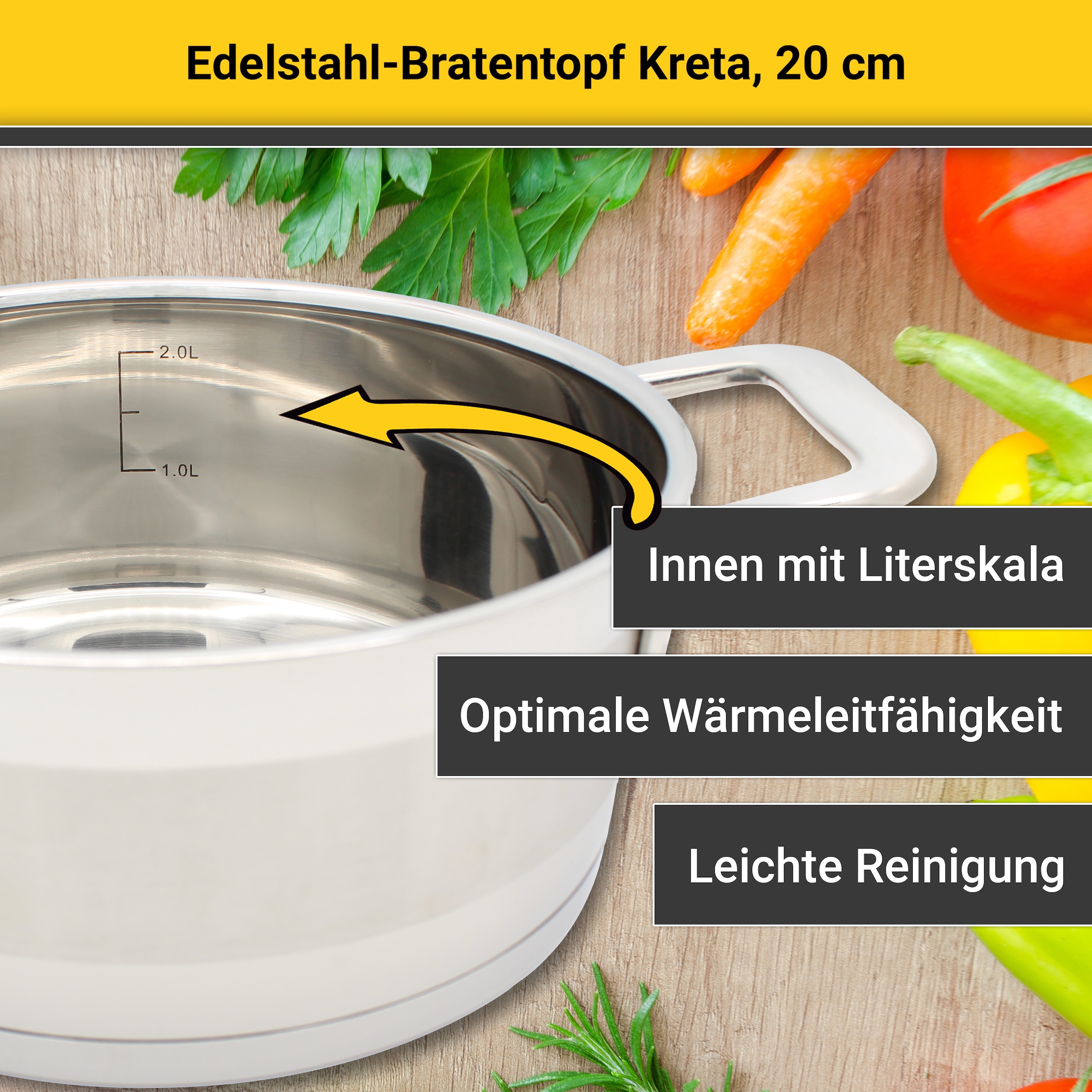 Krüger Bratentopf »Kreta«, Edelstahl 18/10, (2 tlg.), mit Edelstahldeckel, für Induktions-Kochfelder geeignet