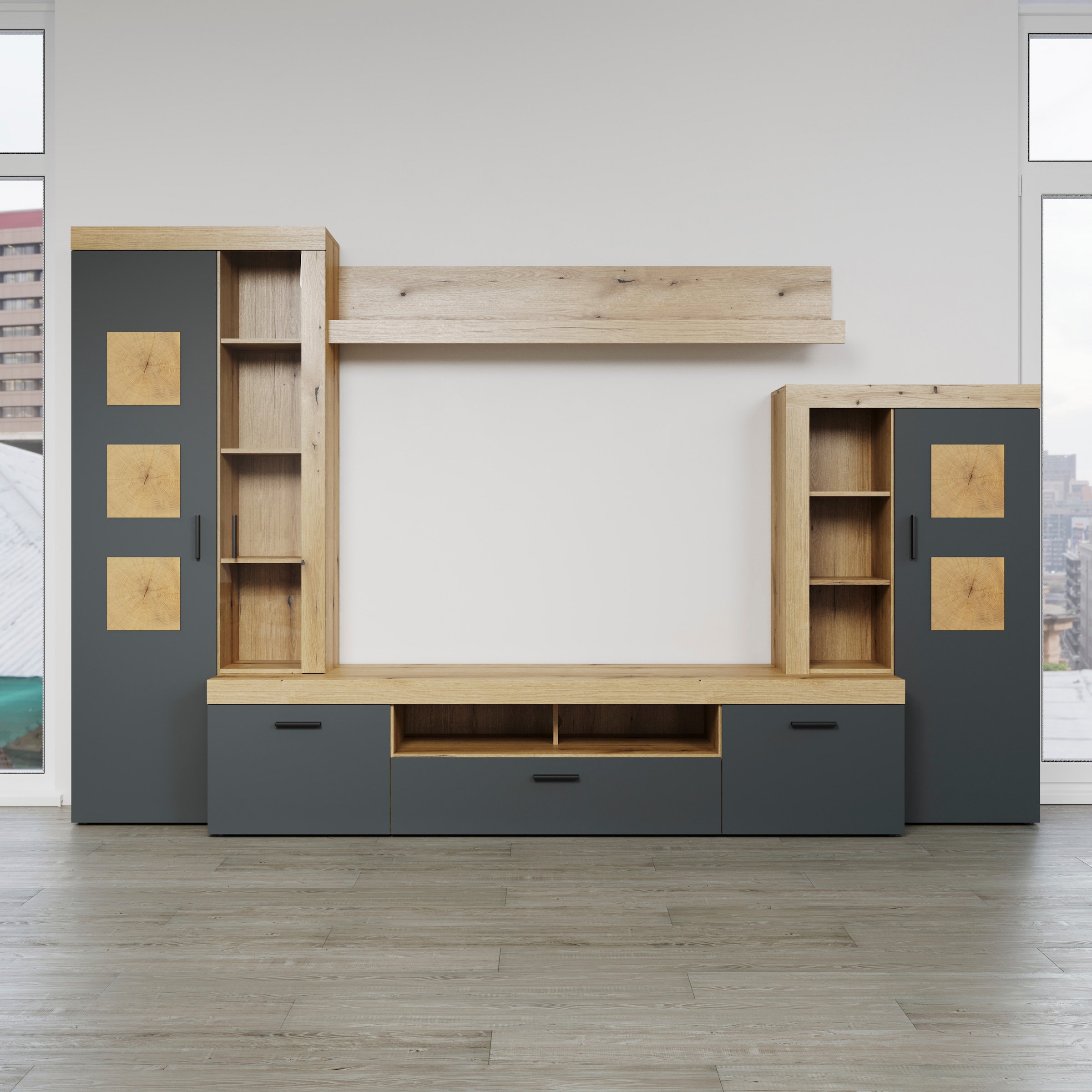 Home affaire Wohnwand »Ghent«, (Komplett-Set, 4 St.), Mit Hirnholzapplikationen - Aufgebaut (B/T/H): 331/52/206 cm
