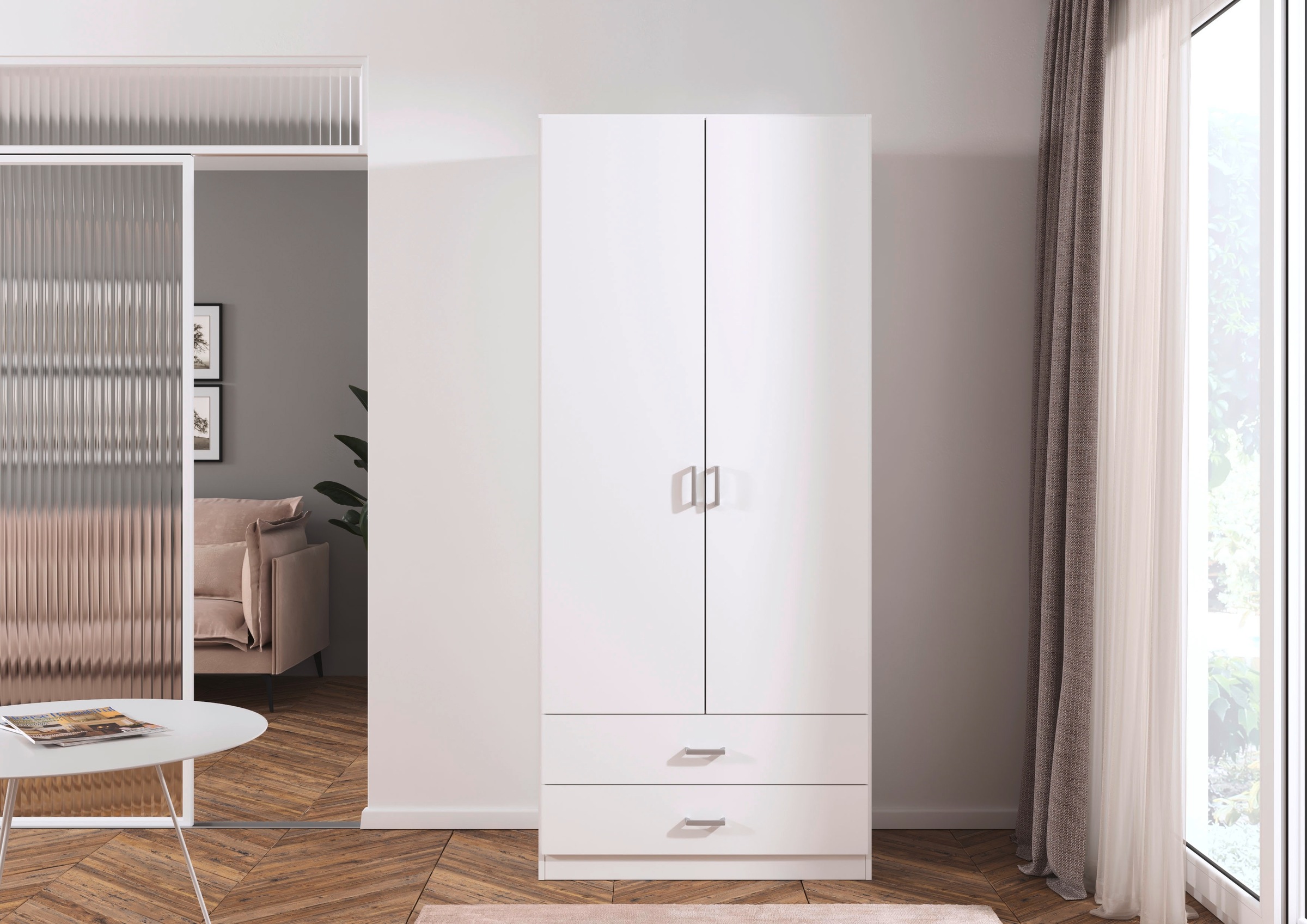 rauch Drehtürenschrank »Kleiderschrank Garderobe GAMMA Breite 91 cm« in 3 Ausstattungen BASIC/CLASSIC/PREMIUM (inkl. SOFT-CLOSE-Funktion),  mit Schubladen, verschiedene Griff-Varianten TOPSELLER MADE IN GERMANY