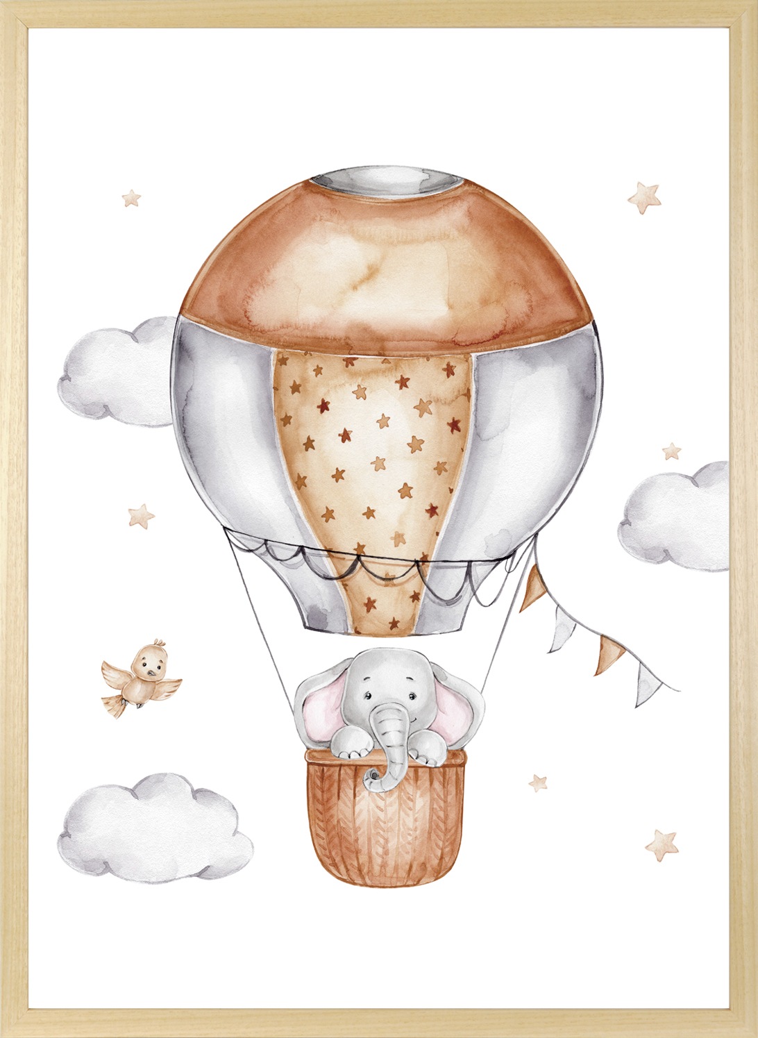 queence Bild mit Rahmen »Elefant im Heißluftballon«, Ballonfahren-Bilder vom Sternenhimmel-Elefant-Elefanten-Elefanten Bilder-Heißluftballon-Himmel-Himmelsbilder-Stern-Sterne-Tiere-Wolken, (1 St.), HD Premium Posterdruck mit Echtholzrahmen