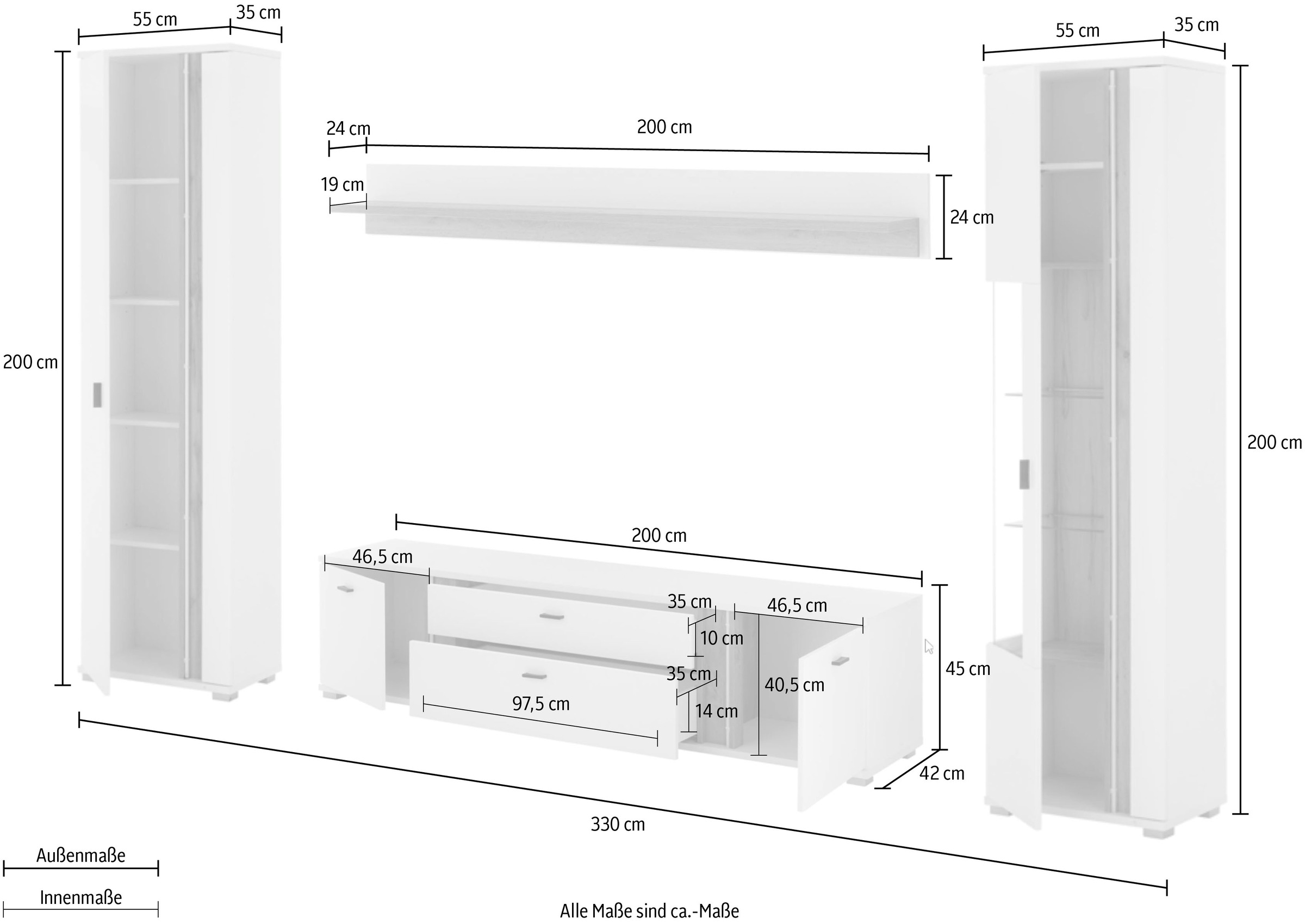 INOSIGN Wohnwand »LONG ISLAND«, (Set, 4 St.), in moderner Trendfarbe,inklusive senkrechter Beleuchtung,Breite 330 cm