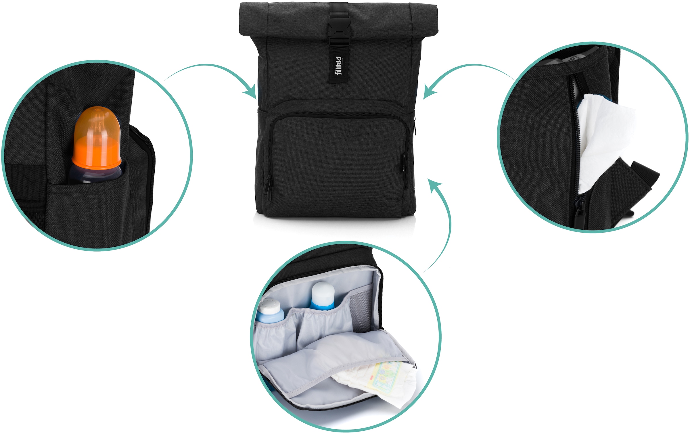 Fillikid Wickelrucksack »Tokio, schwarz melange«, mit Wickelauflage und Volumenerweiterung
